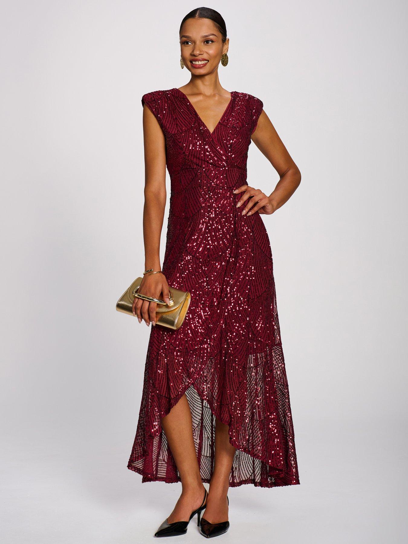 Image 1 of 7 of Jolie Moi Womens Flare Hem Wrap V-Neck Sequin Maxi Dress - Red