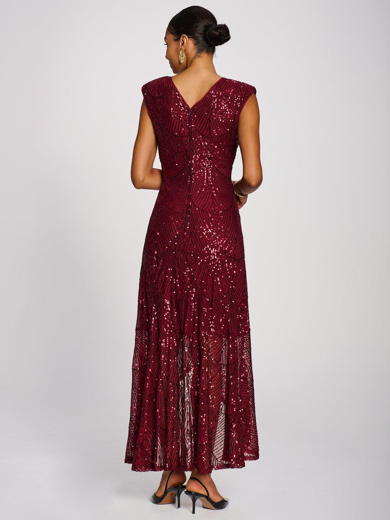Image 2 of 7 of Jolie Moi Womens Flare Hem Wrap V-Neck Sequin Maxi Dress - Red
