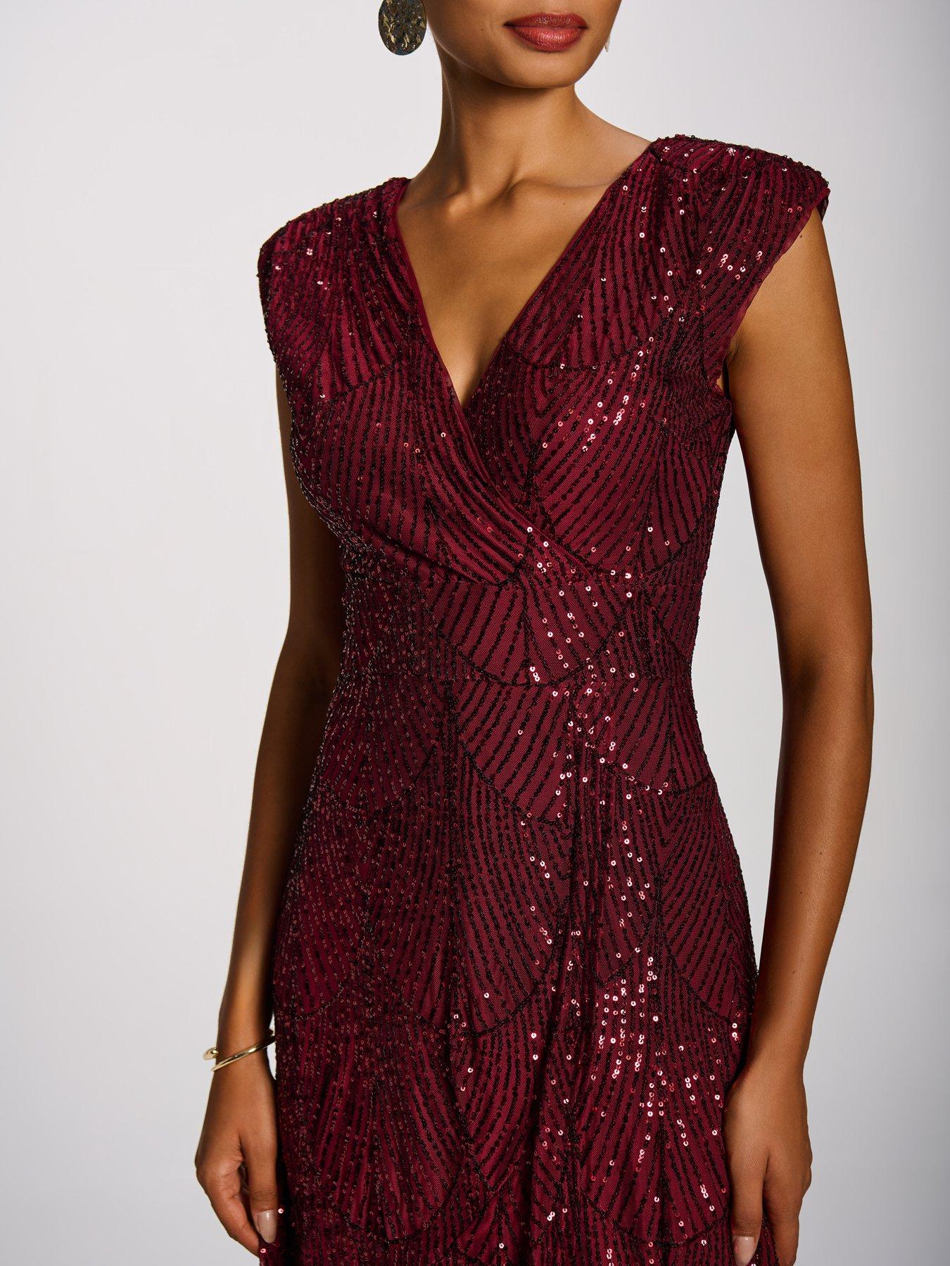 Image 4 of 7 of Jolie Moi Womens Flare Hem Wrap V-Neck Sequin Maxi Dress - Red