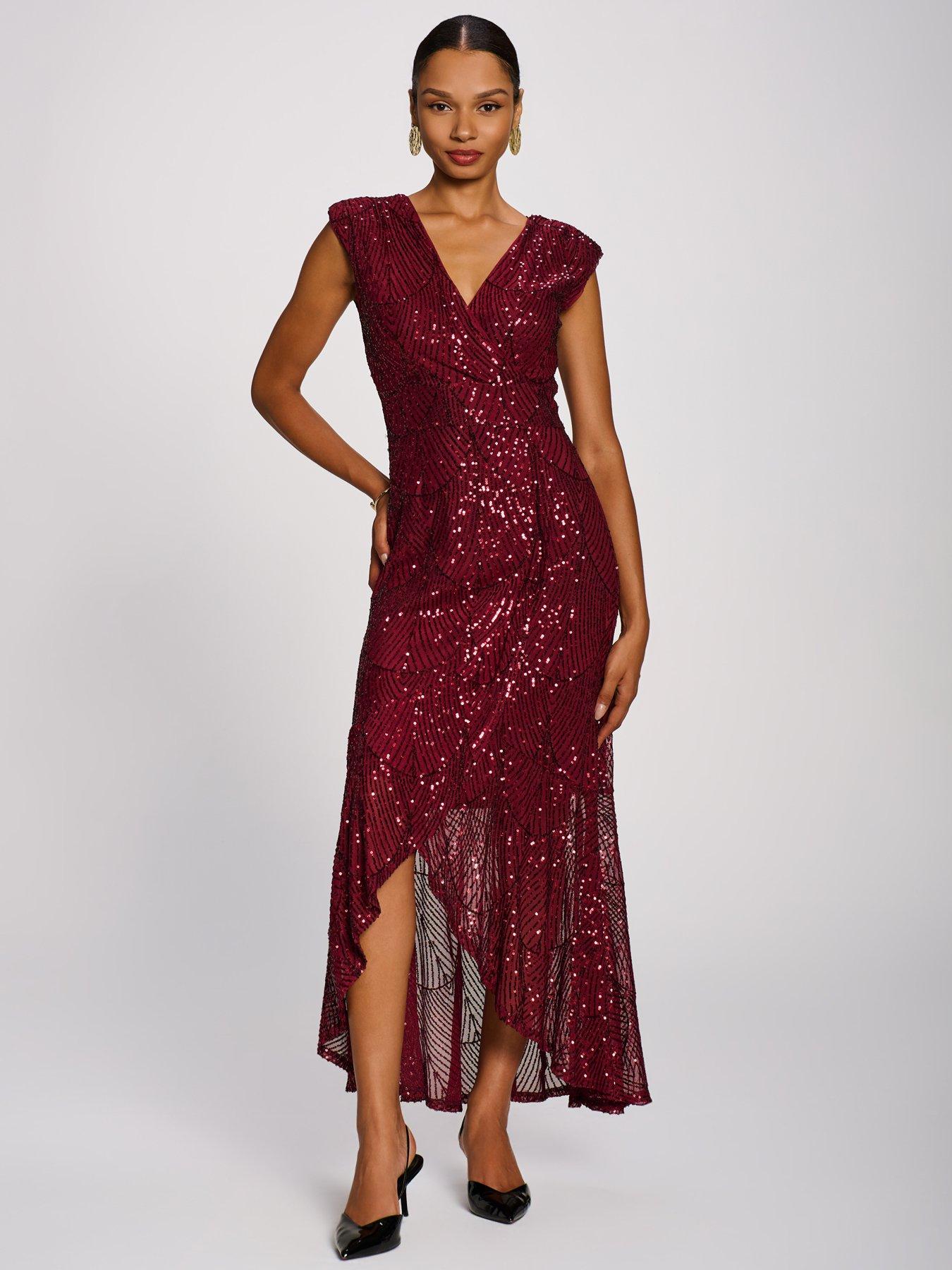 Image 5 of 7 of Jolie Moi Womens Flare Hem Wrap V-Neck Sequin Maxi Dress - Red