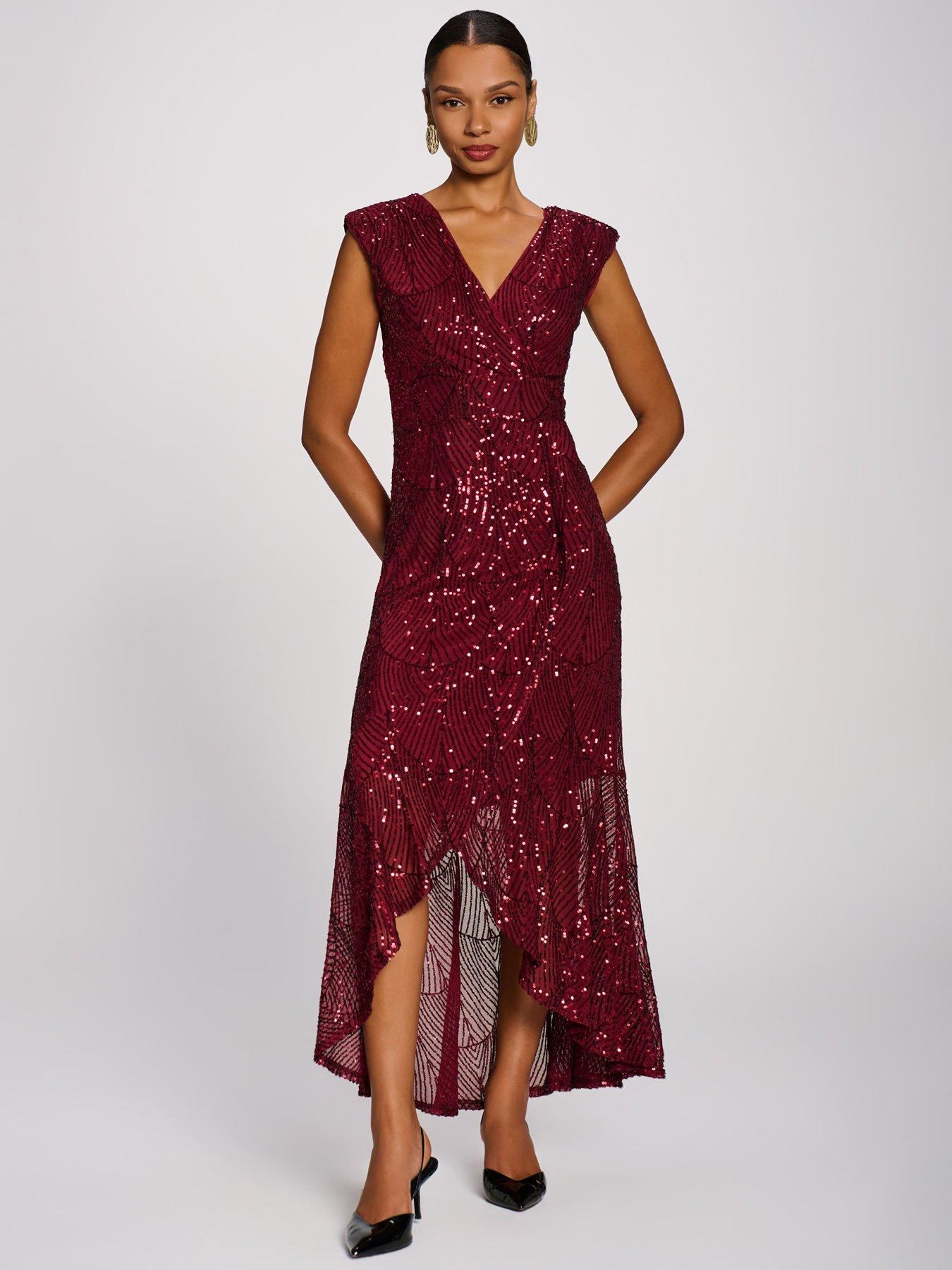 Image 6 of 7 of Jolie Moi Womens Flare Hem Wrap V-Neck Sequin Maxi Dress - Red