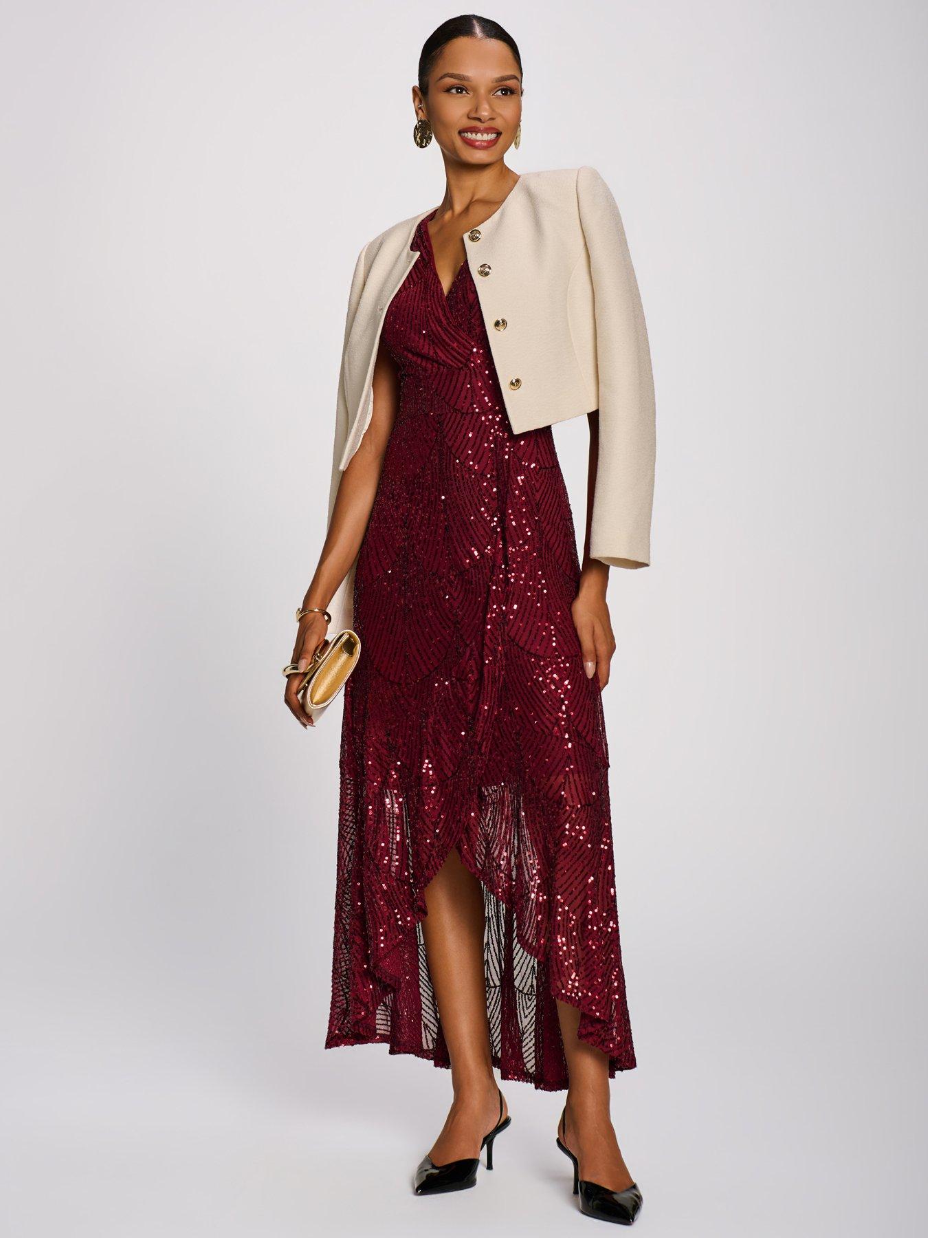 Image 7 of 7 of Jolie Moi Womens Flare Hem Wrap V-Neck Sequin Maxi Dress - Red