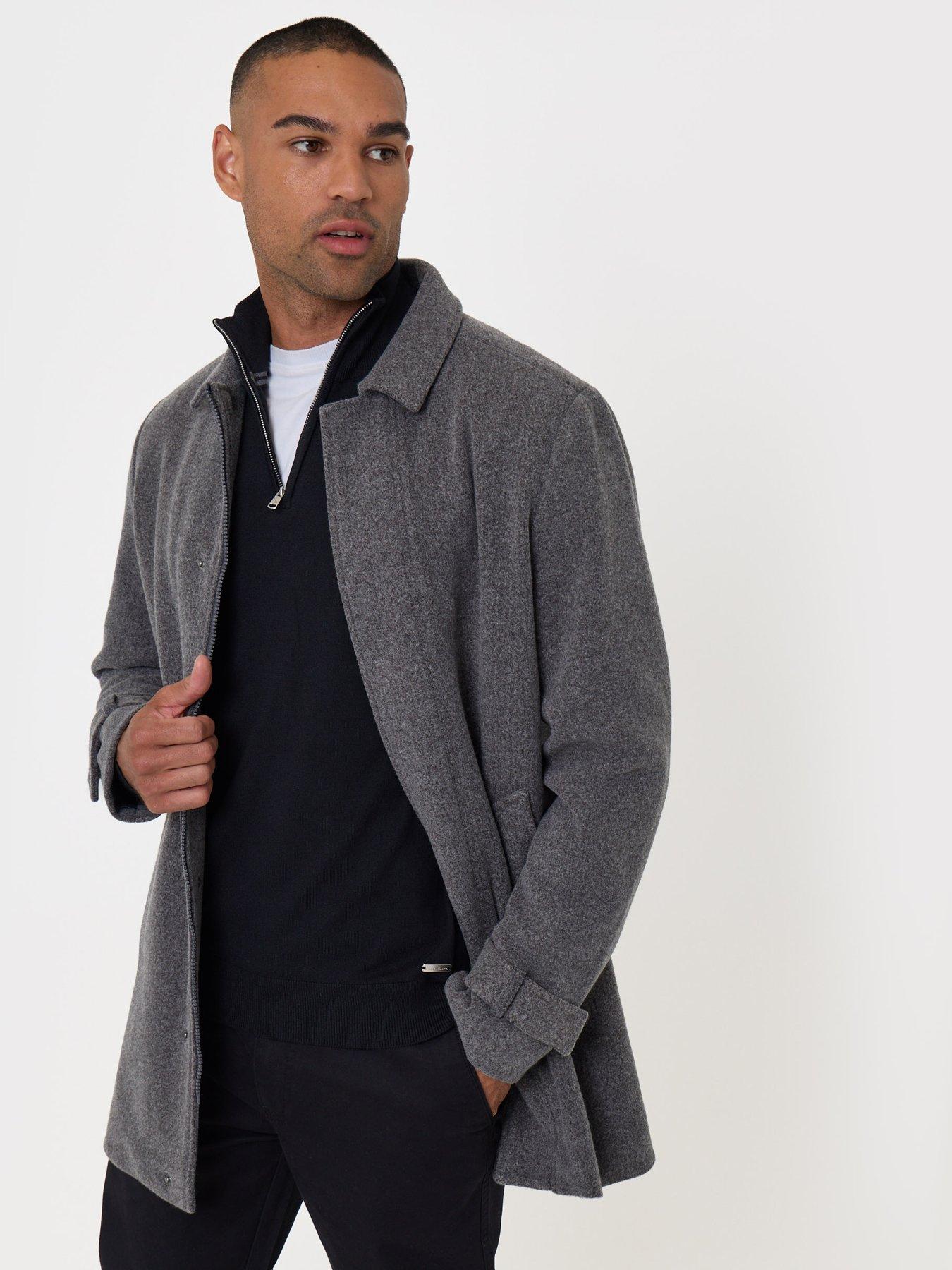 Image 1 of 5 of Threadbare Mens Alon Faux Wool-Look Longline Hidden Zip Jacket - Charcoal