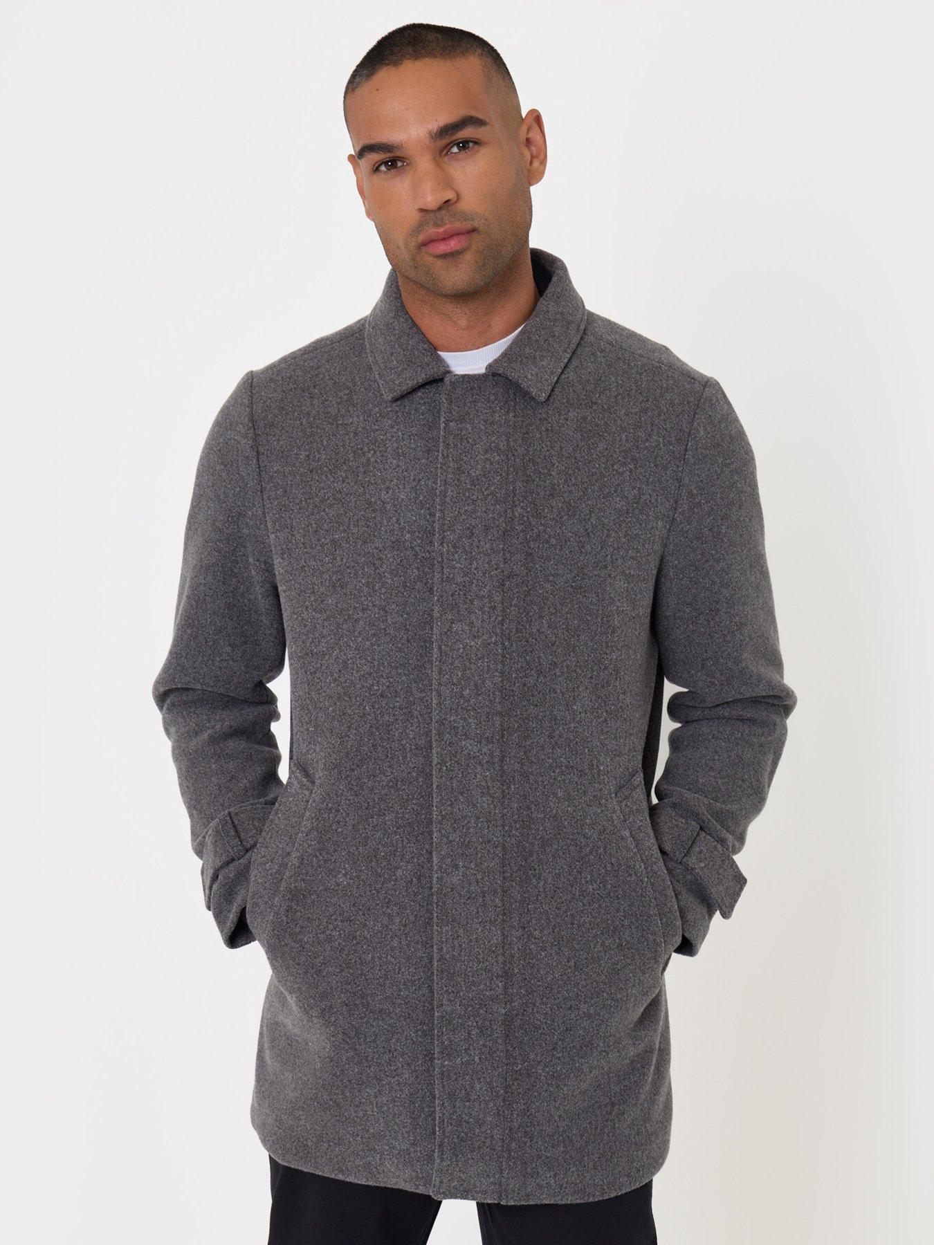 Image 5 of 5 of Threadbare Mens Alon Faux Wool-Look Longline Hidden Zip Jacket - Charcoal