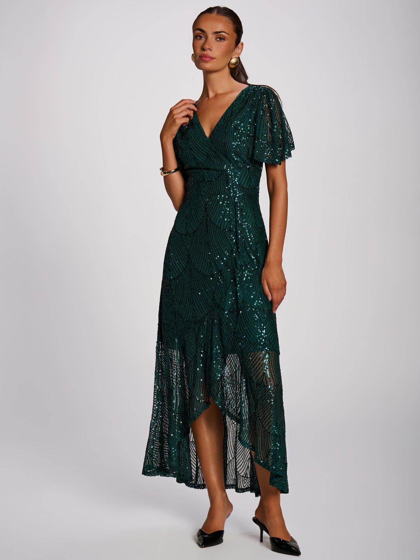 Image 1 of 7 of Jolie Moi Womens Sequin Angel Sleeve Wrap Maxi Dress - Green