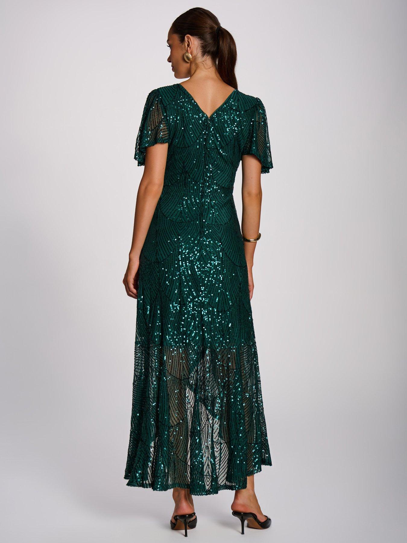 Image 2 of 7 of Jolie Moi Womens Sequin Angel Sleeve Wrap Maxi Dress - Green
