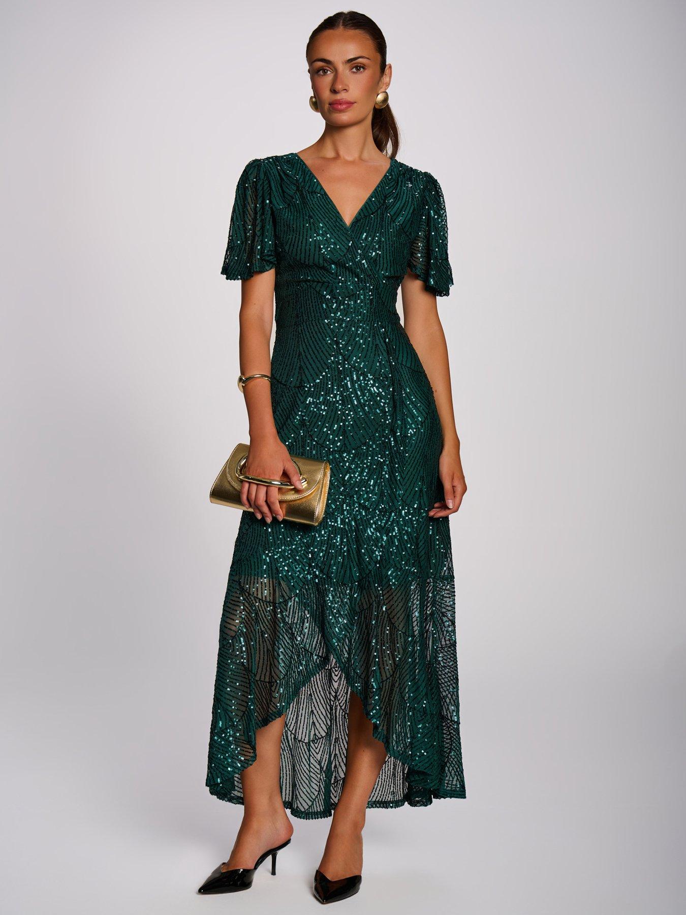 Image 3 of 7 of Jolie Moi Womens Sequin Angel Sleeve Wrap Maxi Dress - Green