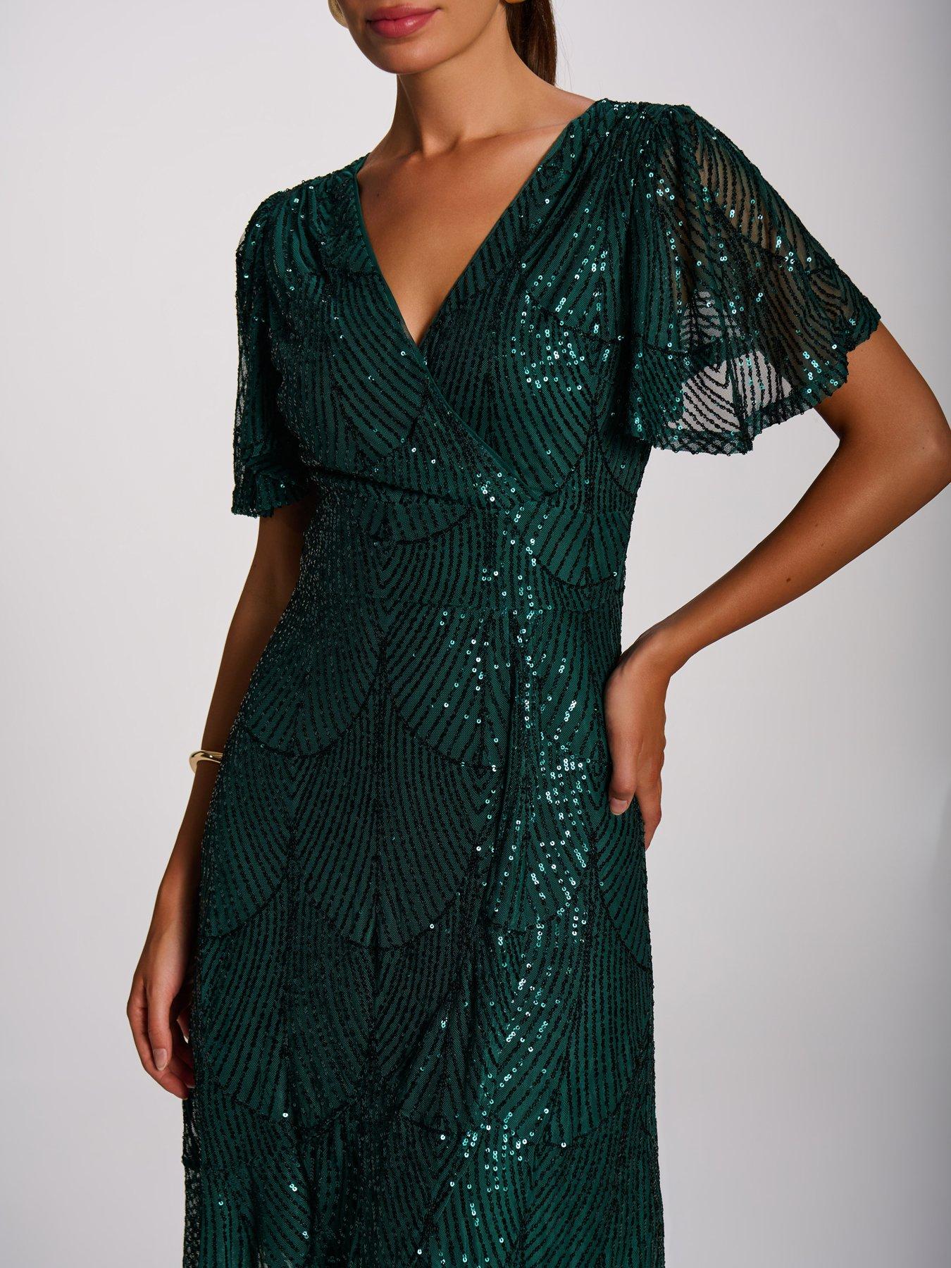 Image 4 of 7 of Jolie Moi Womens Sequin Angel Sleeve Wrap Maxi Dress - Green