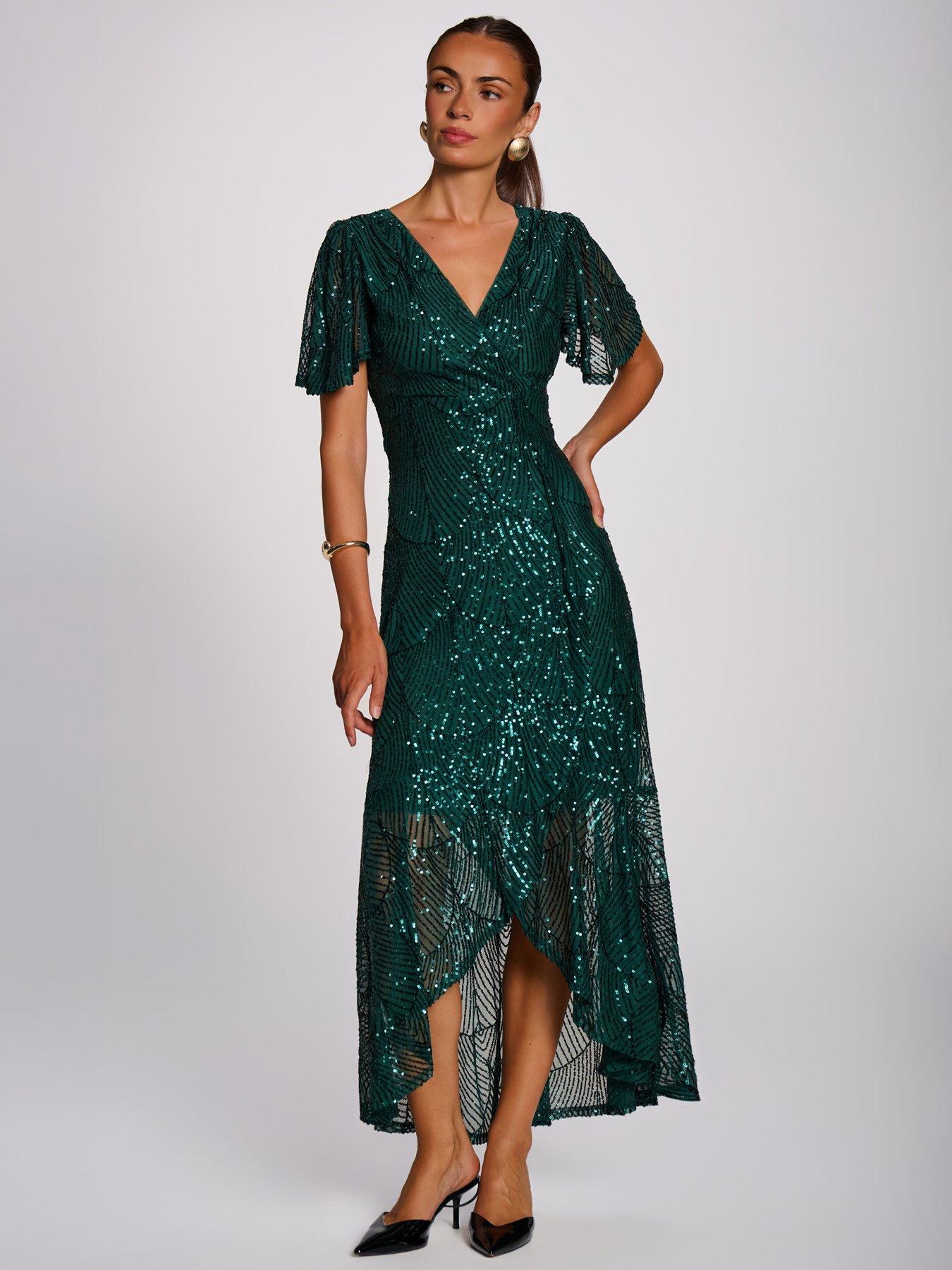 Image 5 of 7 of Jolie Moi Womens Sequin Angel Sleeve Wrap Maxi Dress - Green