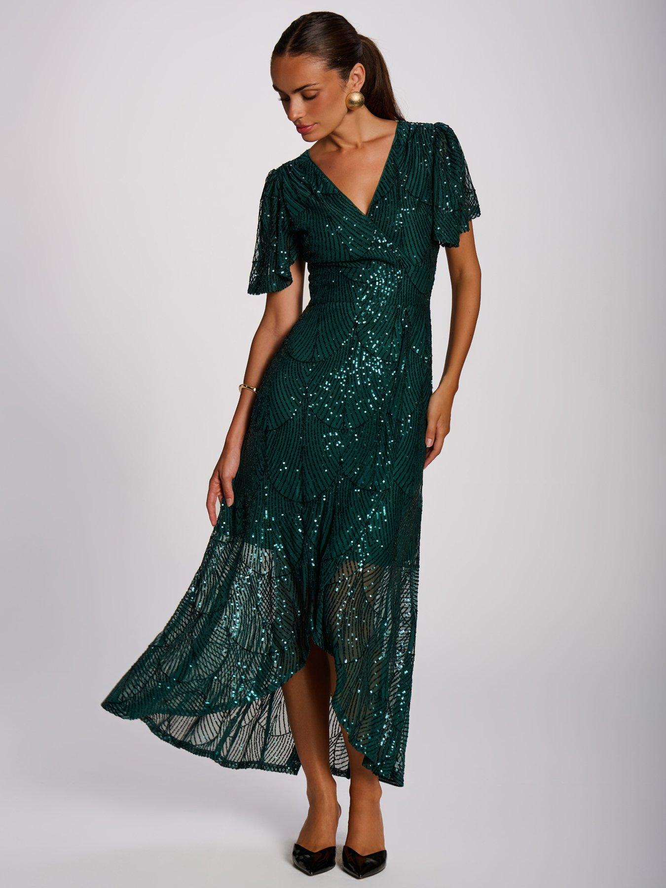 Image 6 of 7 of Jolie Moi Womens Sequin Angel Sleeve Wrap Maxi Dress - Green