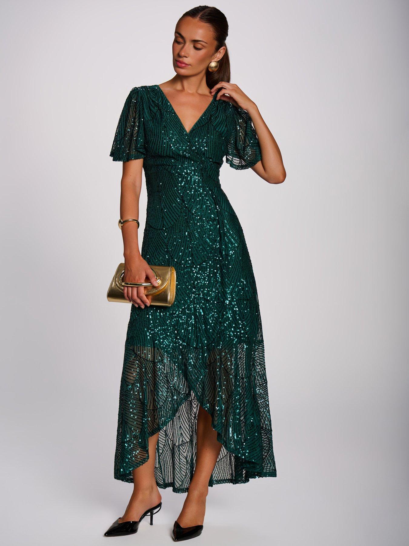 Image 7 of 7 of Jolie Moi Womens Sequin Angel Sleeve Wrap Maxi Dress - Green