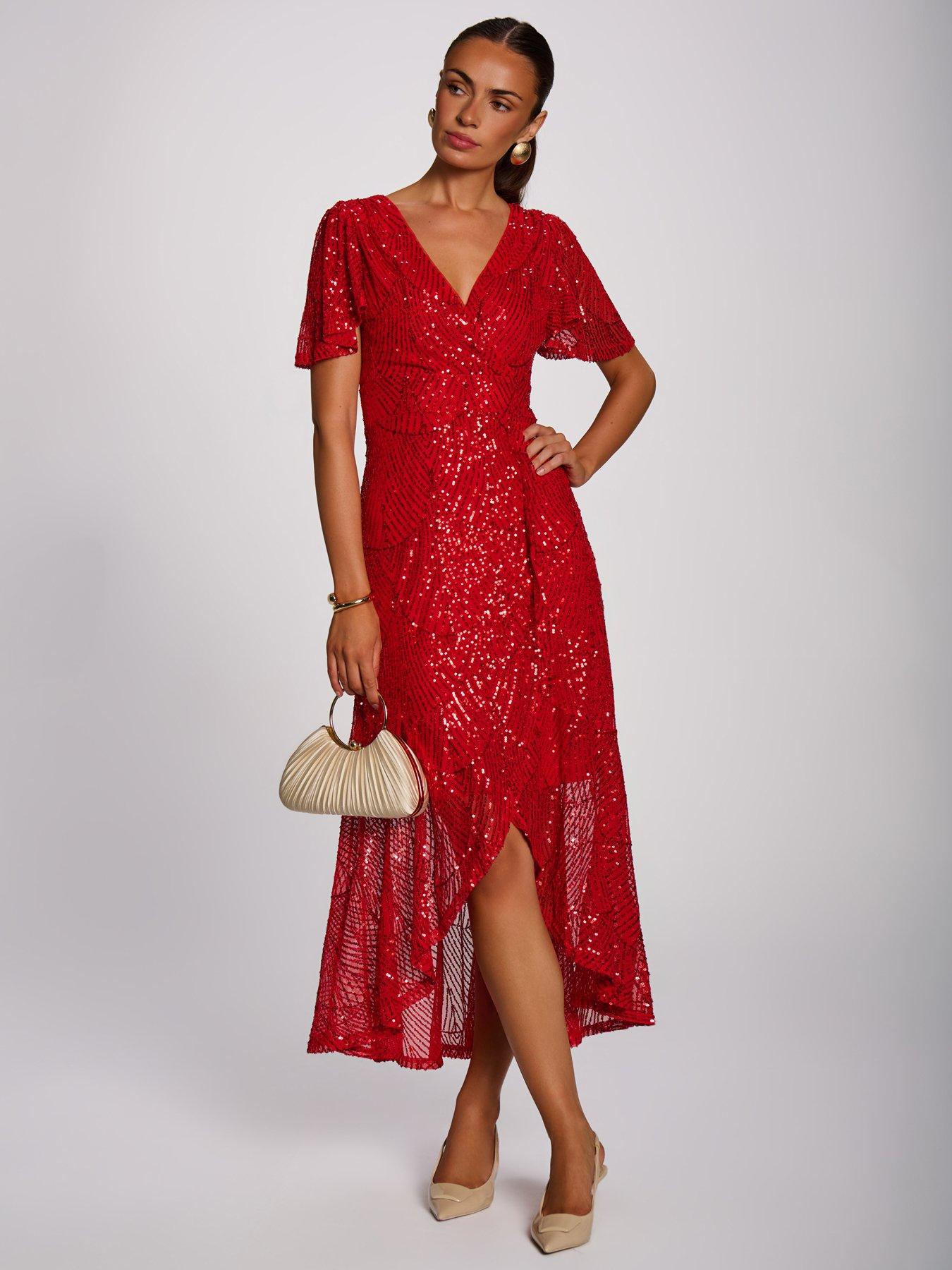 Image 3 of 7 of Jolie Moi Womens Sequin Angel Sleeve Flare Hem Maxi Dress - Red