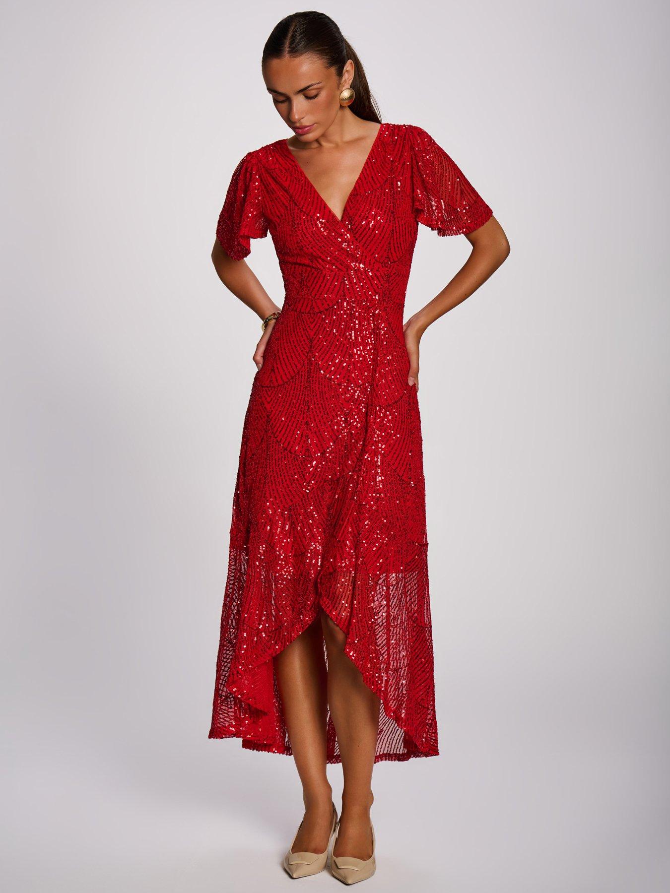 Image 5 of 7 of Jolie Moi Womens Sequin Angel Sleeve Flare Hem Maxi Dress - Red