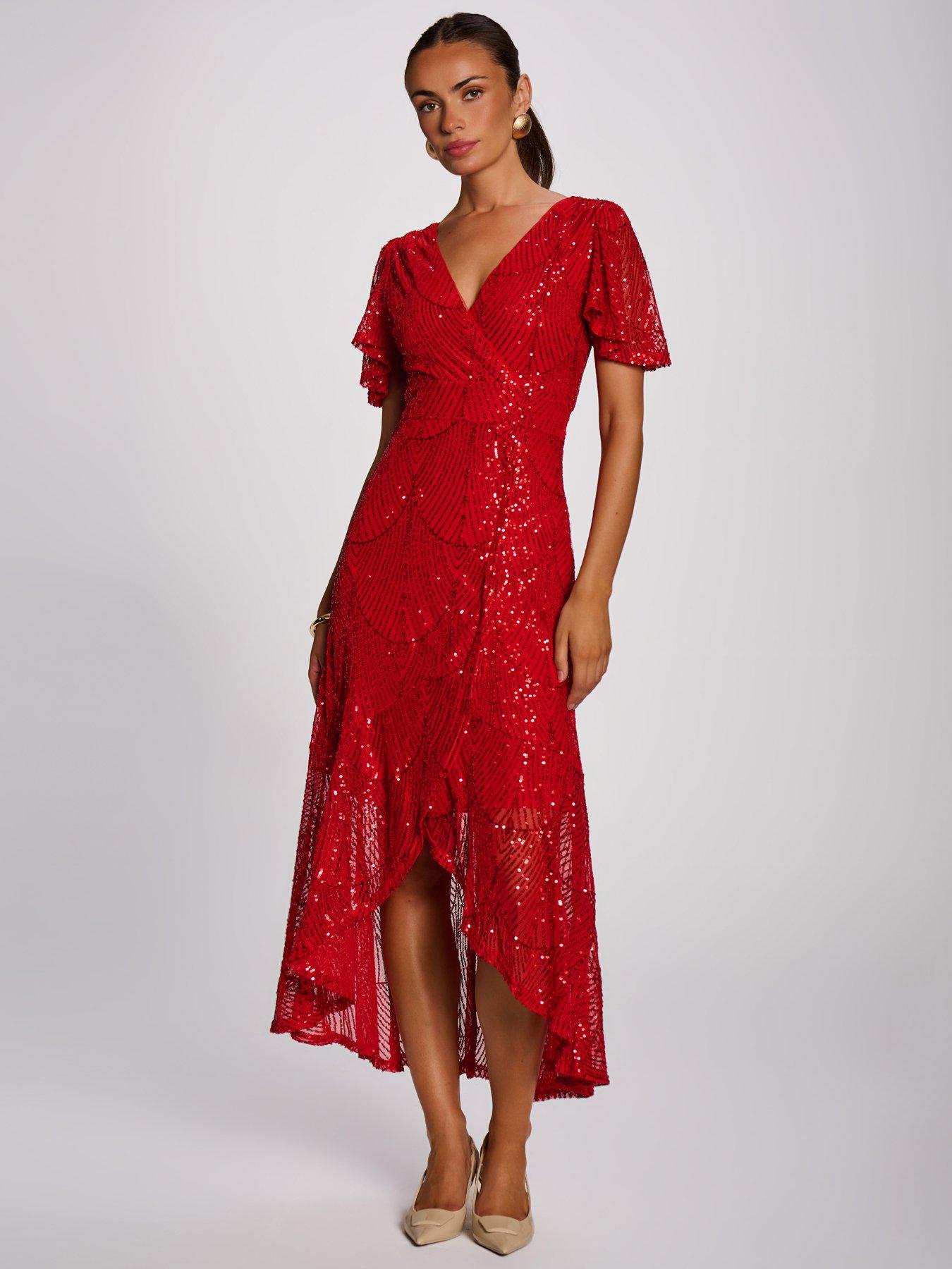 Image 7 of 7 of Jolie Moi Womens Sequin Angel Sleeve Flare Hem Maxi Dress - Red