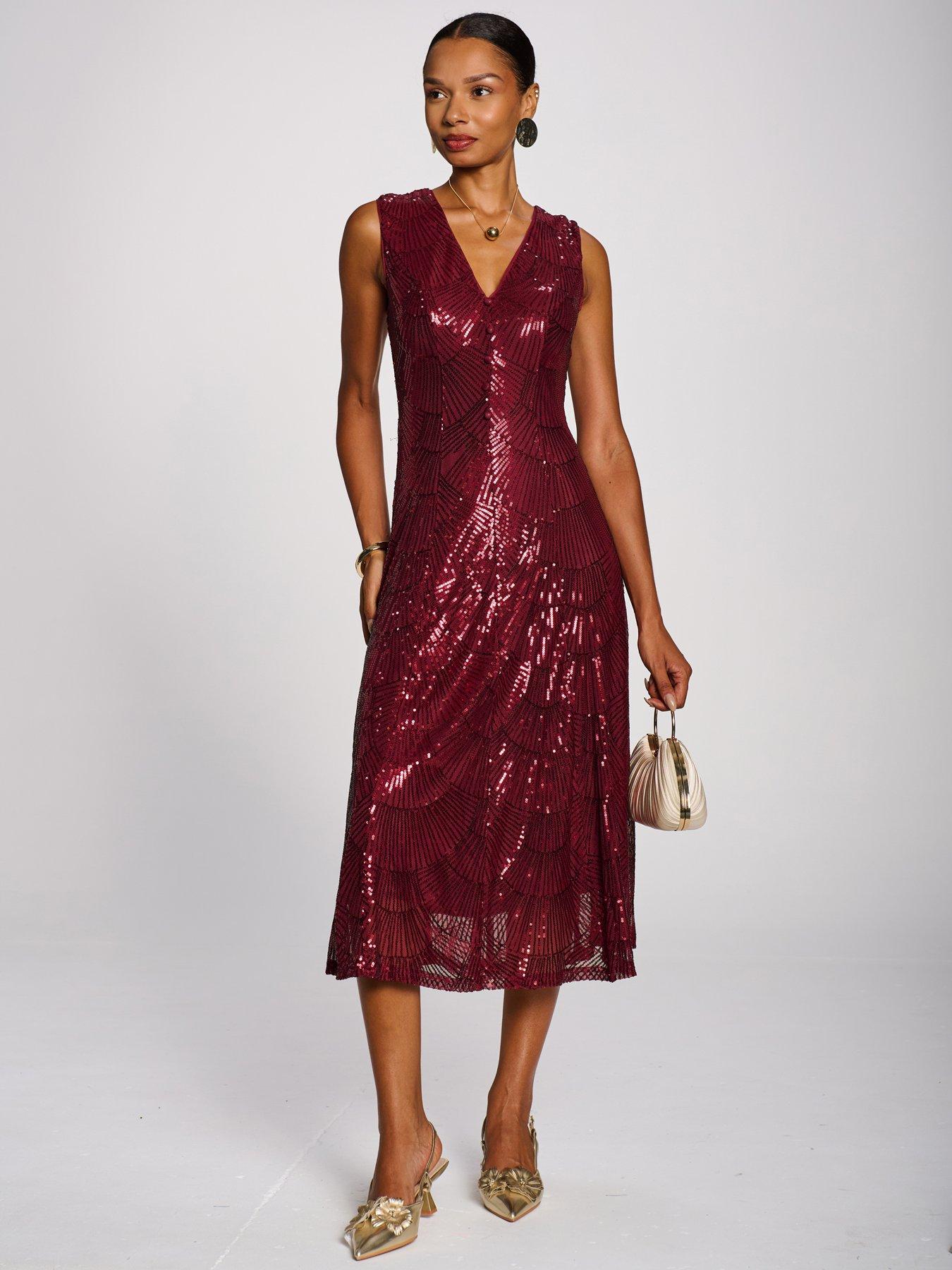 Image 1 of 7 of Jolie Moi Womens Patterned Sequin V Neckline Midi Dress - Red