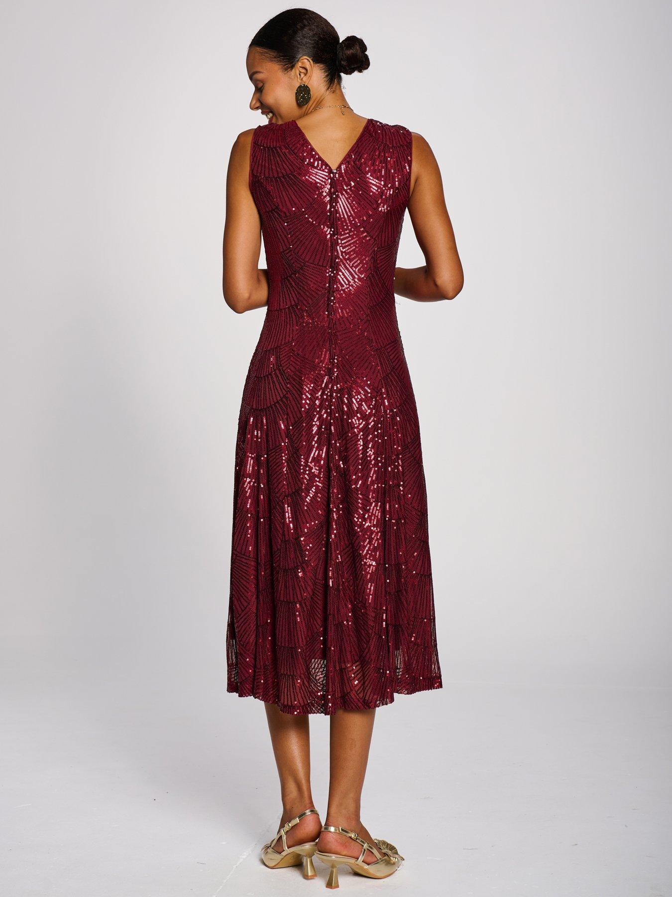 Image 2 of 7 of Jolie Moi Womens Patterned Sequin V Neckline Midi Dress - Red