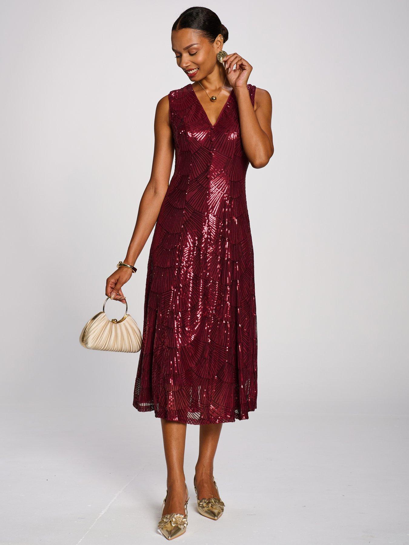 Image 3 of 7 of Jolie Moi Womens Patterned Sequin V Neckline Midi Dress - Red