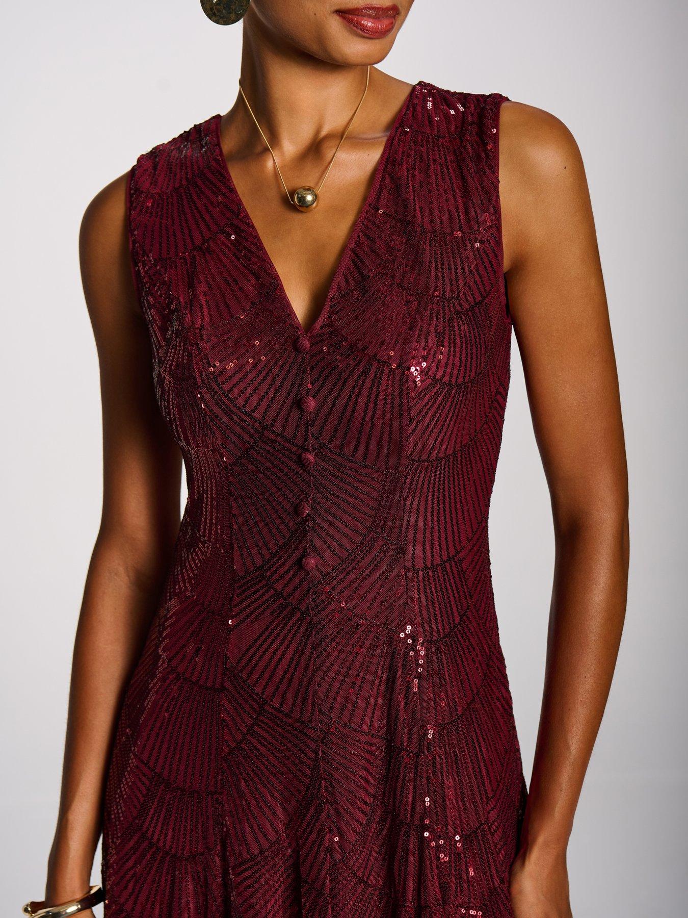 Image 4 of 7 of Jolie Moi Womens Patterned Sequin V Neckline Midi Dress - Red