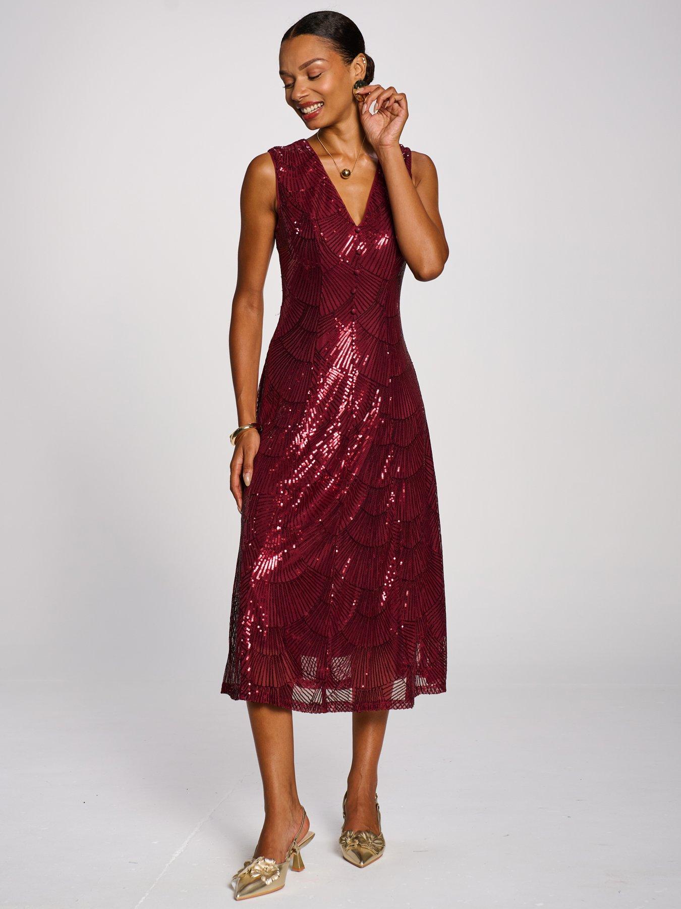 Image 5 of 7 of Jolie Moi Womens Patterned Sequin V Neckline Midi Dress - Red