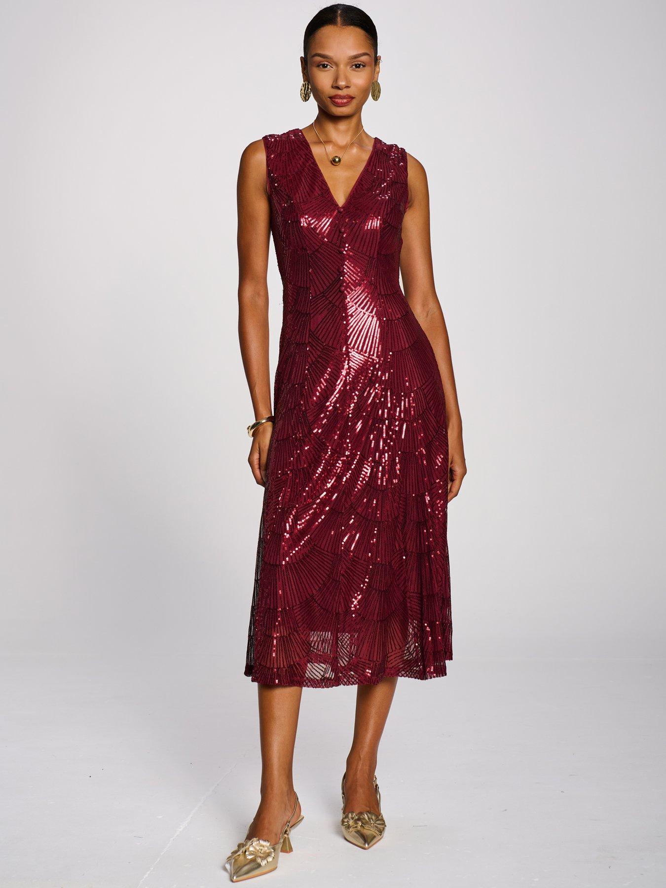 Image 6 of 7 of Jolie Moi Womens Patterned Sequin V Neckline Midi Dress - Red
