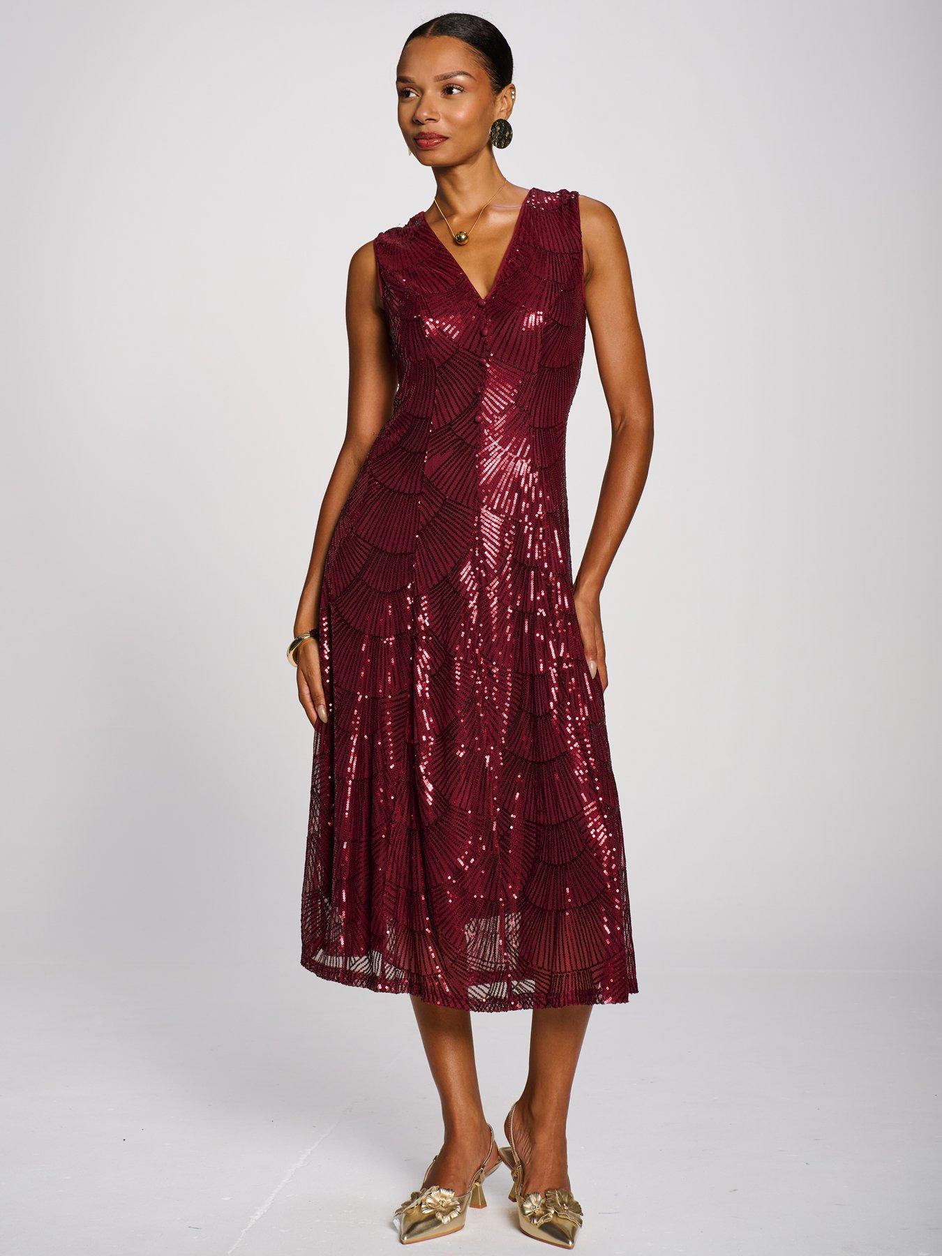 Image 7 of 7 of Jolie Moi Womens Patterned Sequin V Neckline Midi Dress - Red
