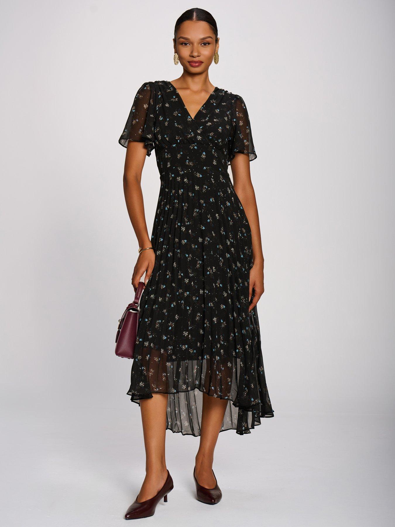 Image 1 of 7 of Jolie Moi Womens Wrap V-Neck Pleated Chiffon Maxi Dress - Black