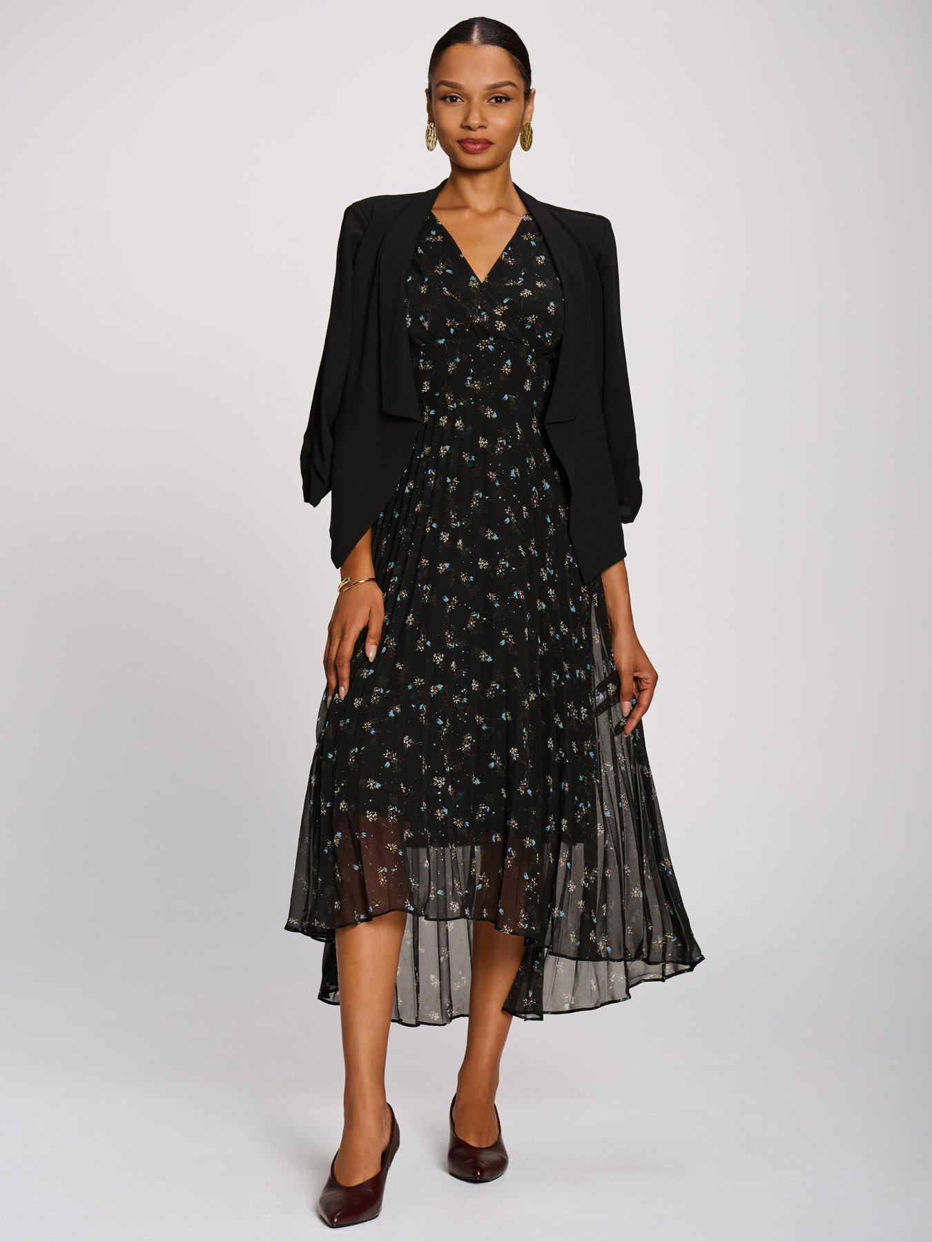 Image 3 of 7 of Jolie Moi Womens Wrap V-Neck Pleated Chiffon Maxi Dress - Black