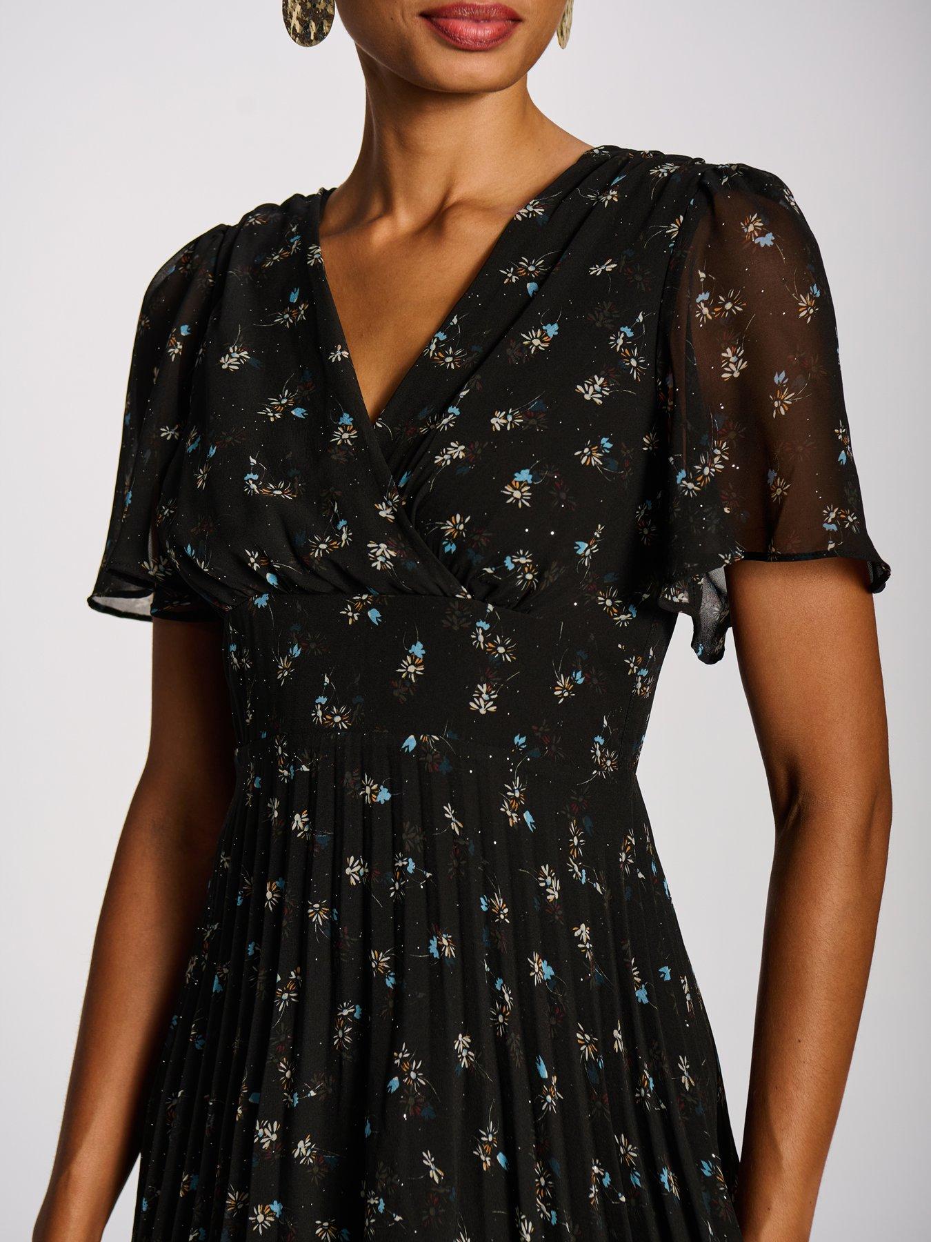 Image 4 of 7 of Jolie Moi Womens Wrap V-Neck Pleated Chiffon Maxi Dress - Black