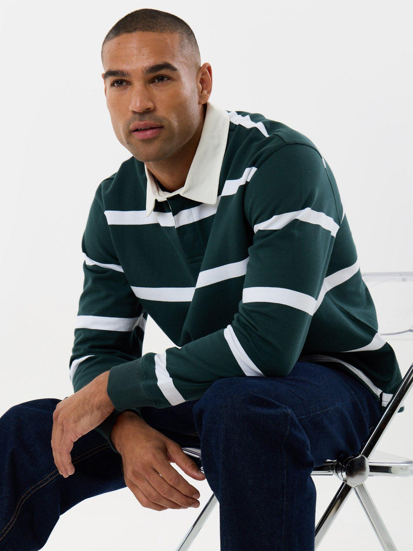 Image 1 of 5 of Threadbare Mens Relaxed Fit Fleece Stripe Rugby Top - Green