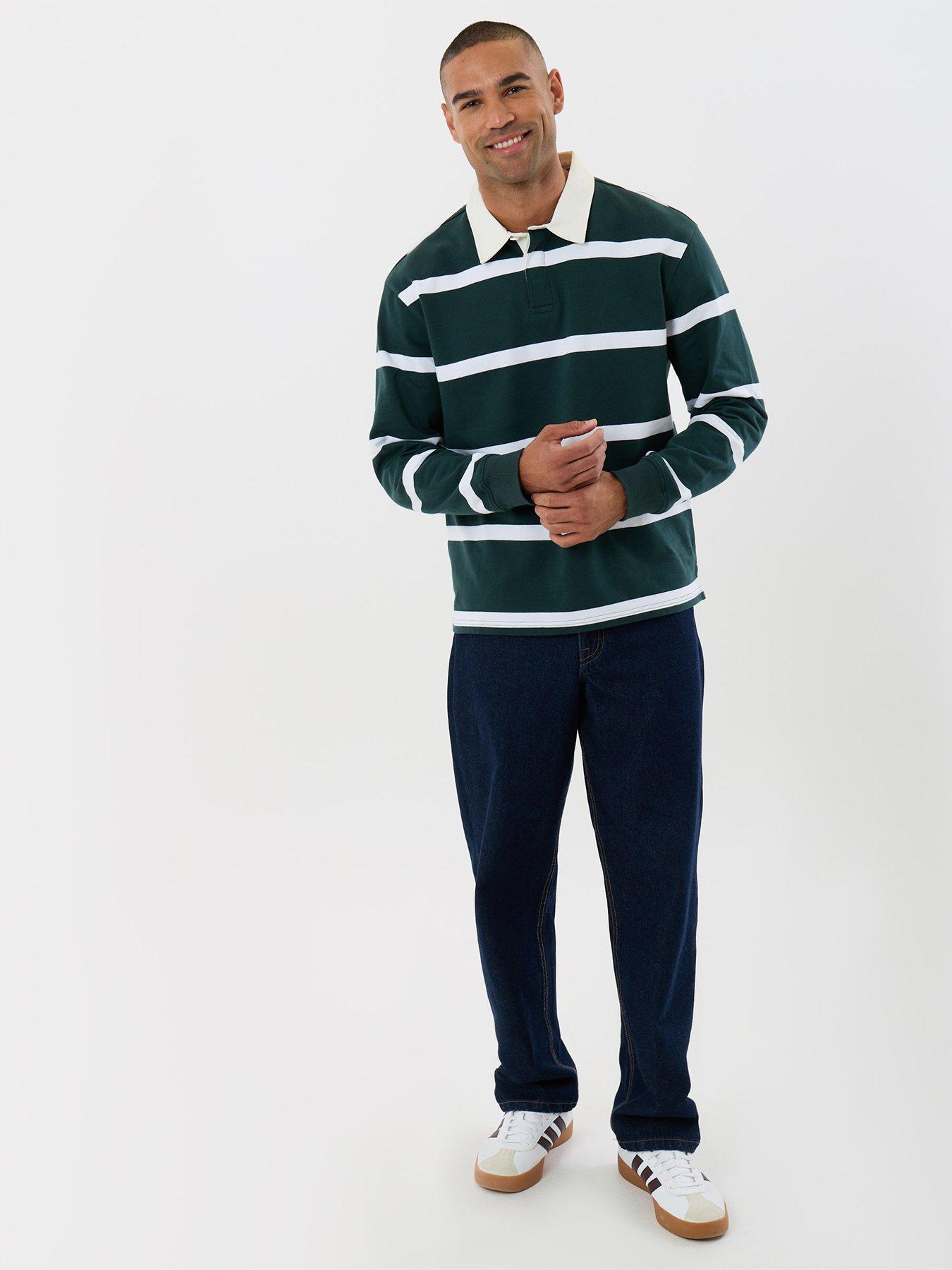 Image 3 of 5 of Threadbare Mens Relaxed Fit Fleece Stripe Rugby Top - Green