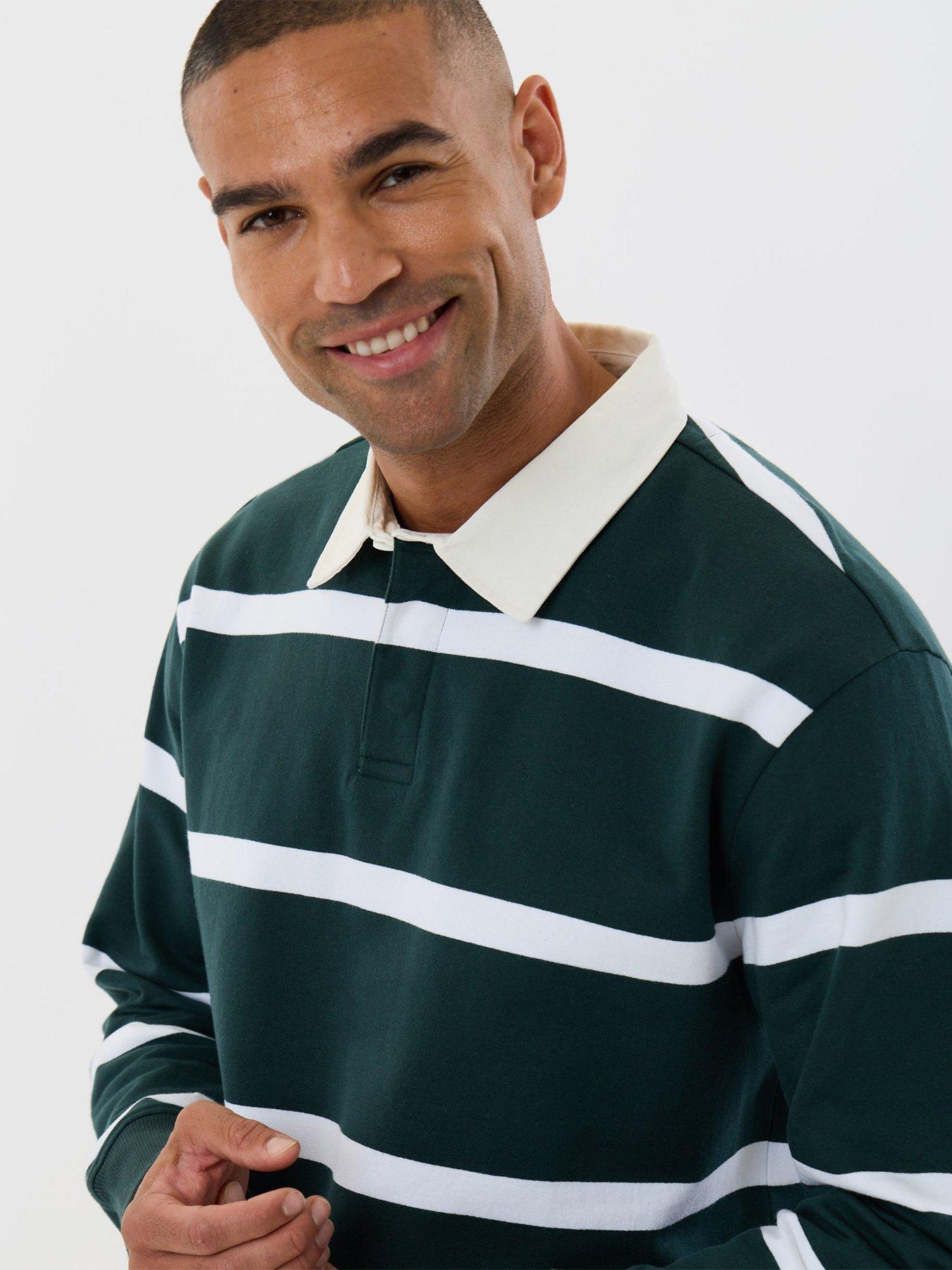 Image 4 of 5 of Threadbare Mens Relaxed Fit Fleece Stripe Rugby Top - Green