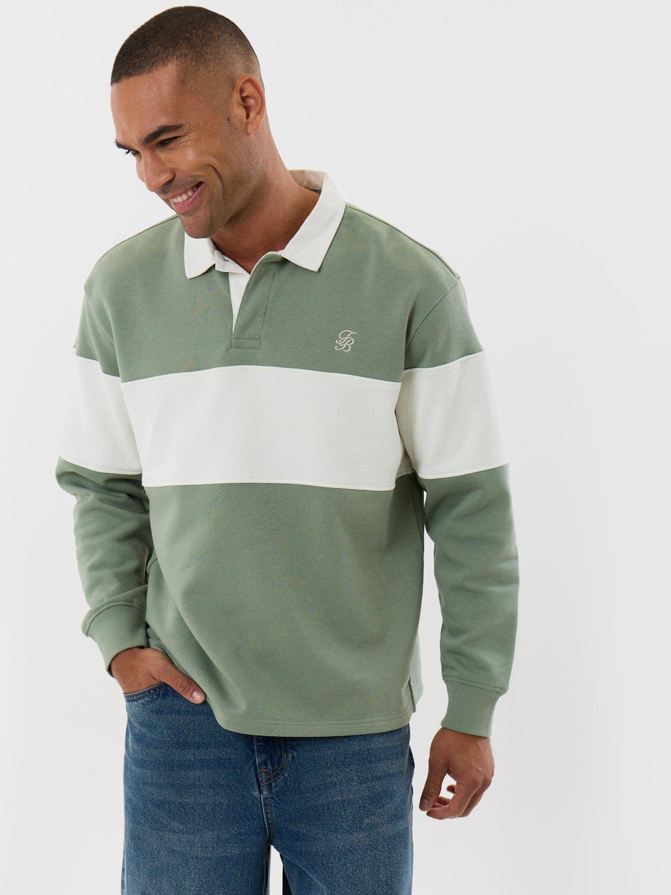 Image 1 of 4 of Threadbare Mens Fleece L/Slv Rugby Elterwater-Moss Green/Ecru Stripe (Relaxed Fit)