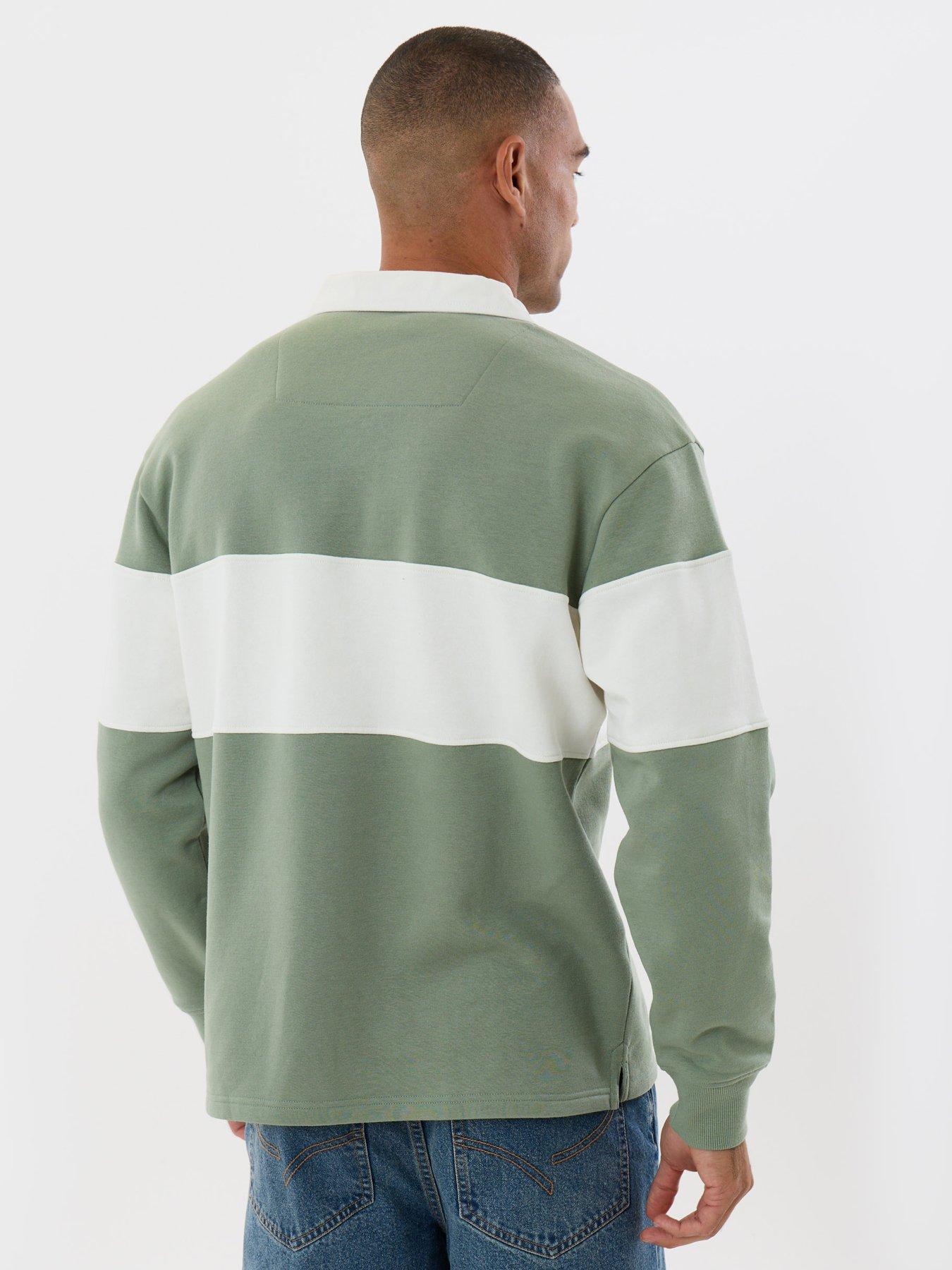 Image 2 of 4 of Threadbare Mens Fleece L/Slv Rugby Elterwater-Moss Green/Ecru Stripe (Relaxed Fit)