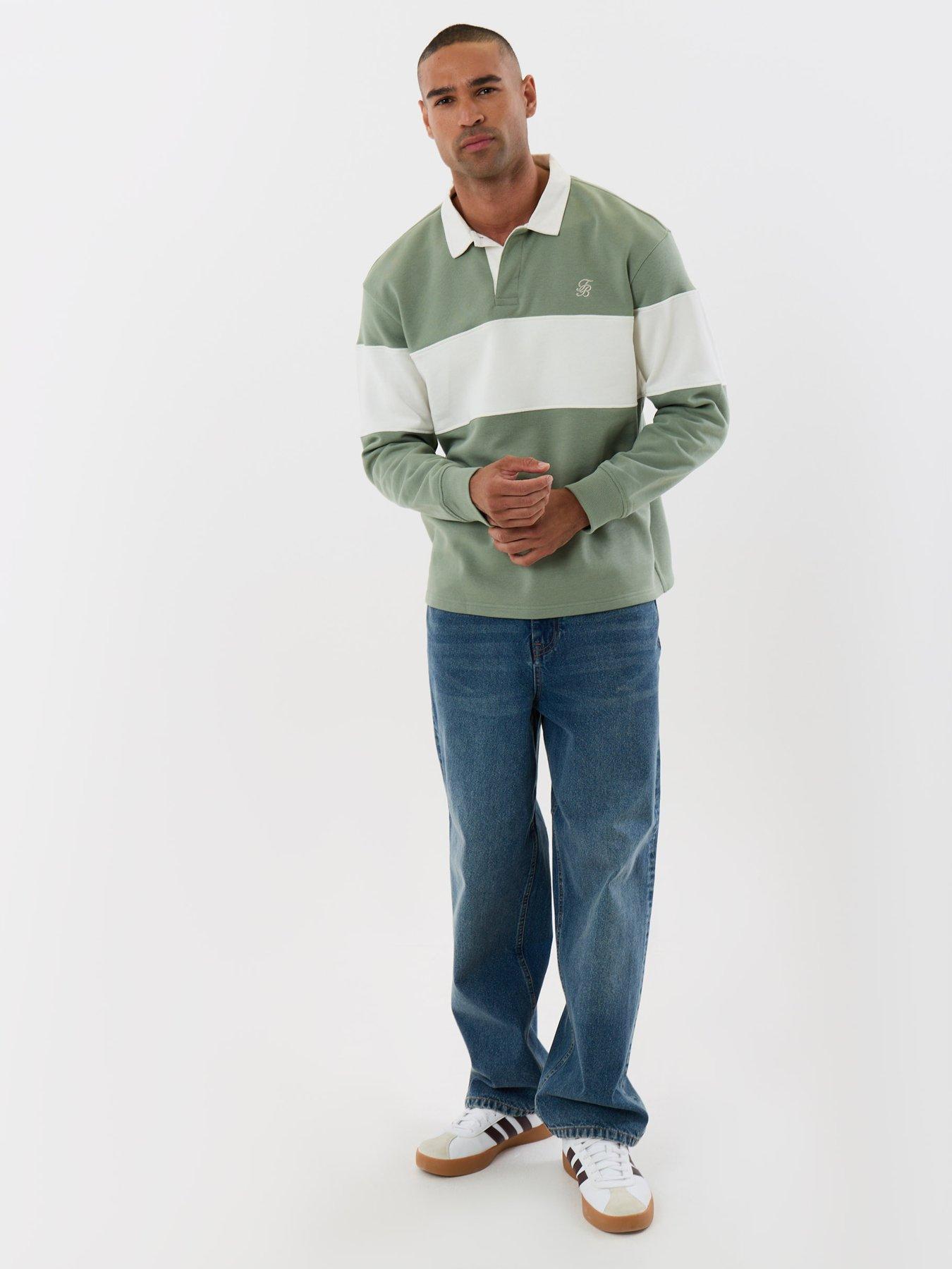 Image 3 of 4 of Threadbare Mens Fleece L/Slv Rugby Elterwater-Moss Green/Ecru Stripe (Relaxed Fit)