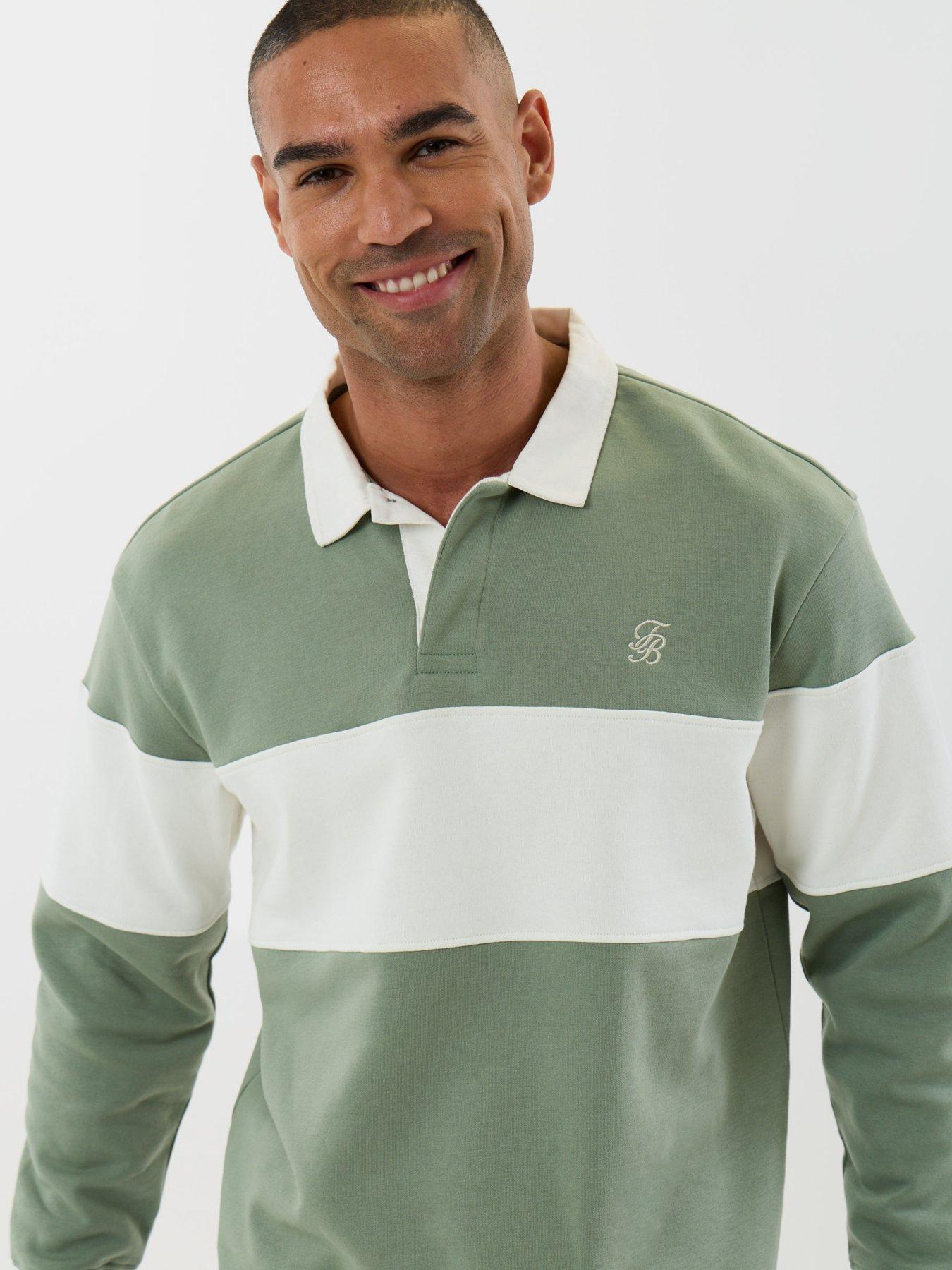 Image 4 of 4 of Threadbare Mens Fleece L/Slv Rugby Elterwater-Moss Green/Ecru Stripe (Relaxed Fit)