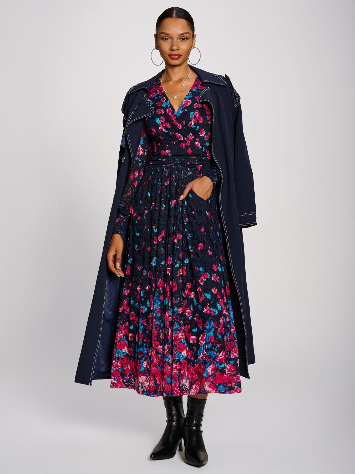 Image 5 of 7 of Jolie Moi Womens Long Sleeve Printed Lace Maxi Dress - Pink
