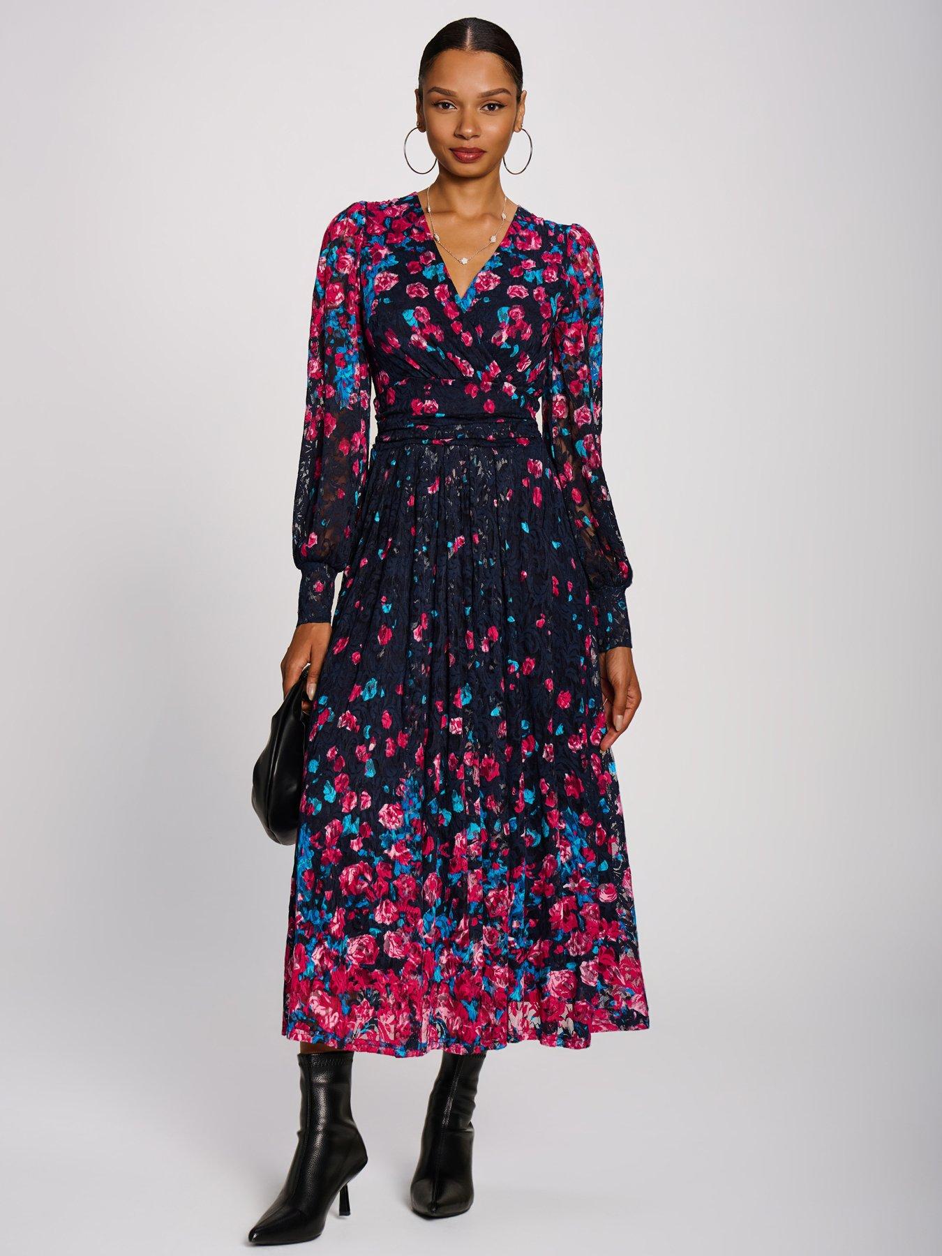 Image 7 of 7 of Jolie Moi Womens Long Sleeve Printed Lace Maxi Dress - Pink
