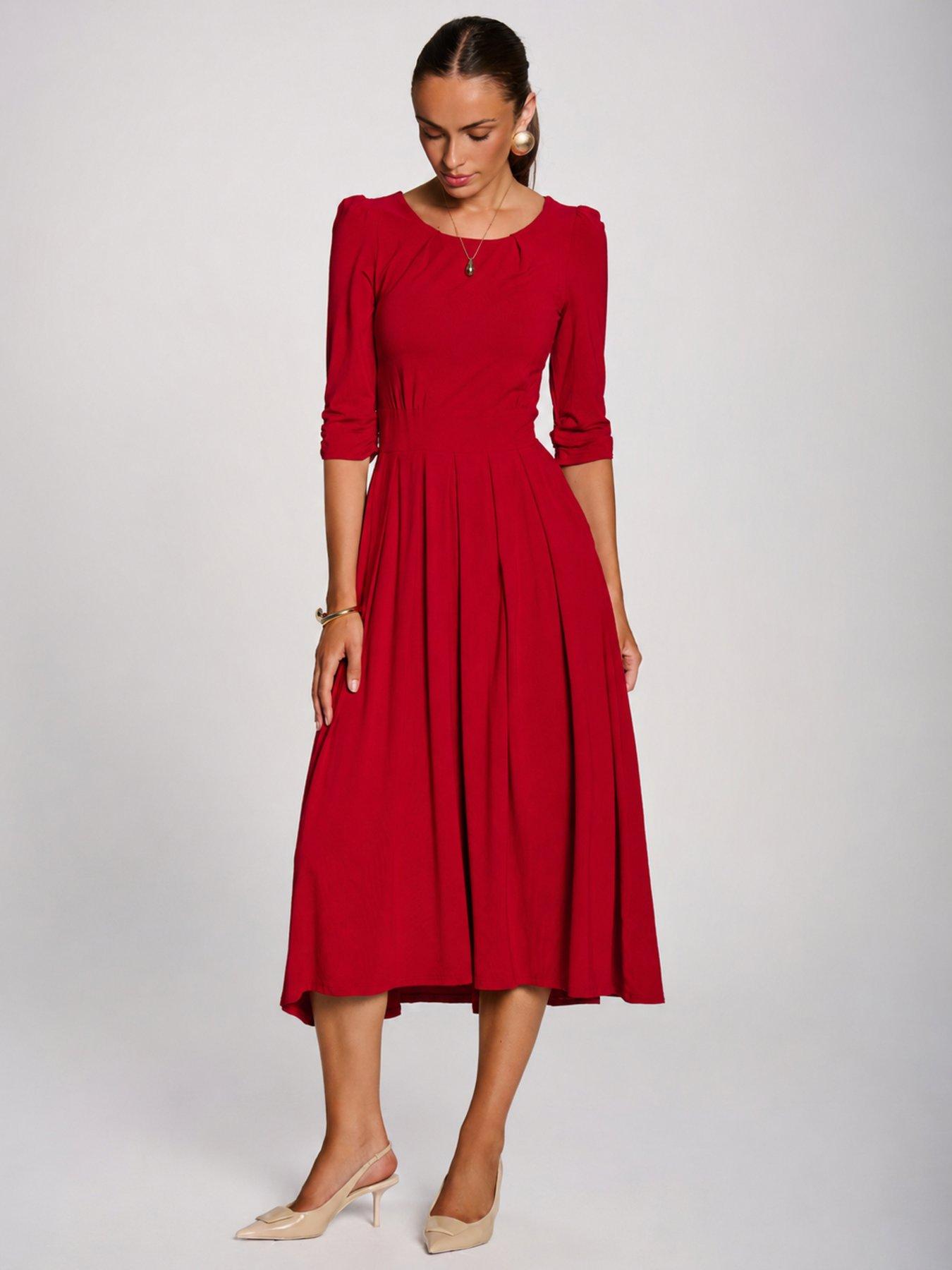 Image 1 of 7 of Jolie Moi Womens Defined Waist Pleated Pocket Midi Dress - Red