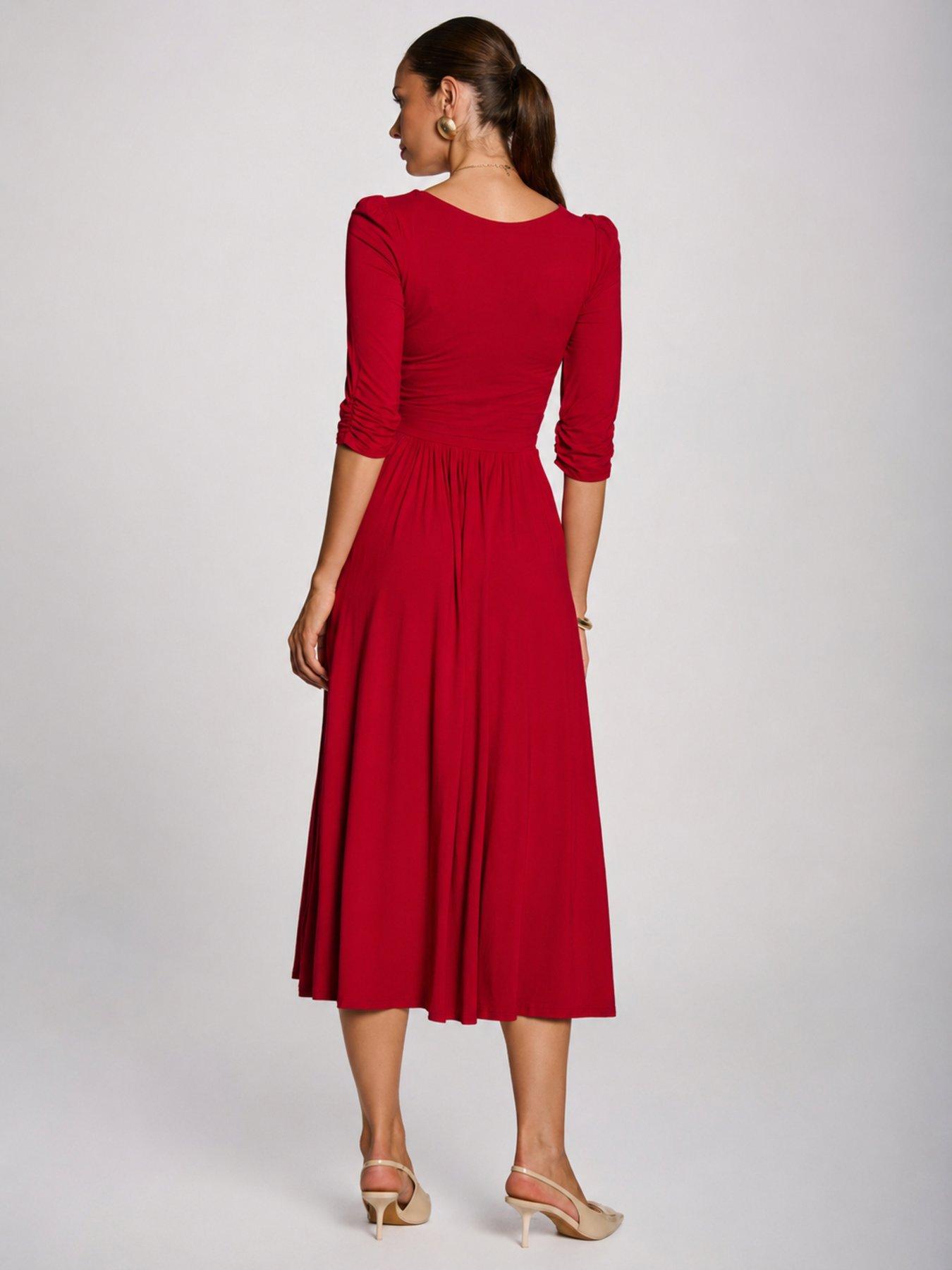 Image 2 of 7 of Jolie Moi Womens Defined Waist Pleated Pocket Midi Dress - Red