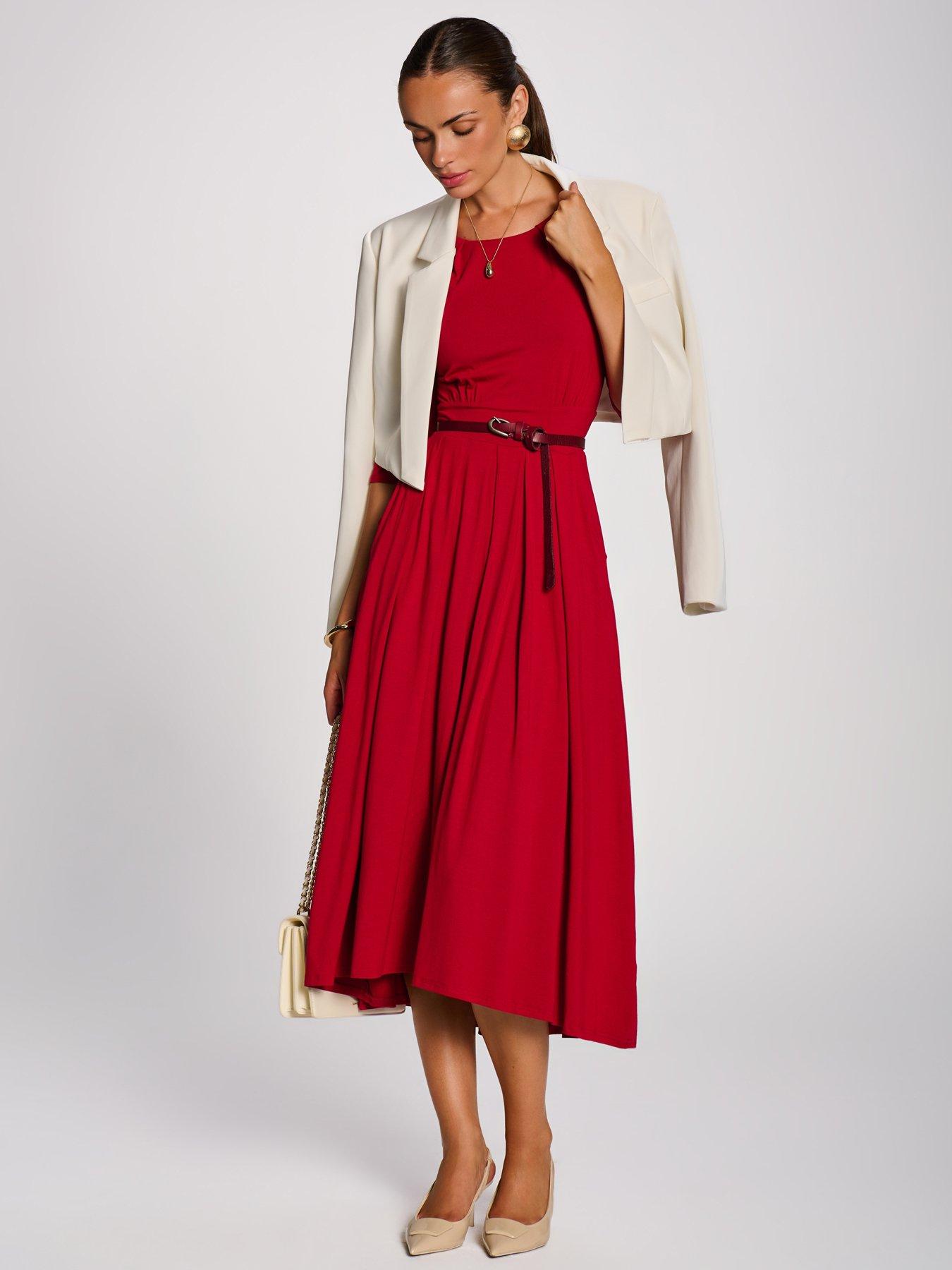 Image 3 of 7 of Jolie Moi Womens Defined Waist Pleated Pocket Midi Dress - Red