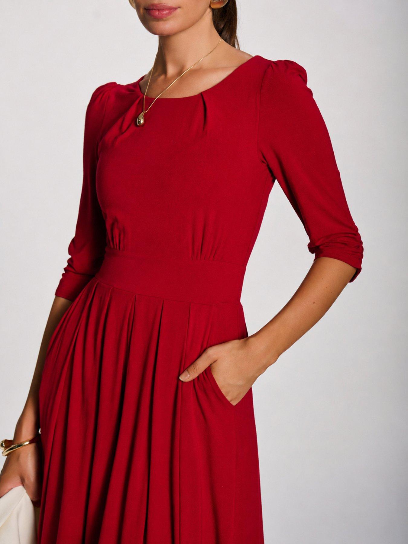 Image 4 of 7 of Jolie Moi Womens Defined Waist Pleated Pocket Midi Dress - Red