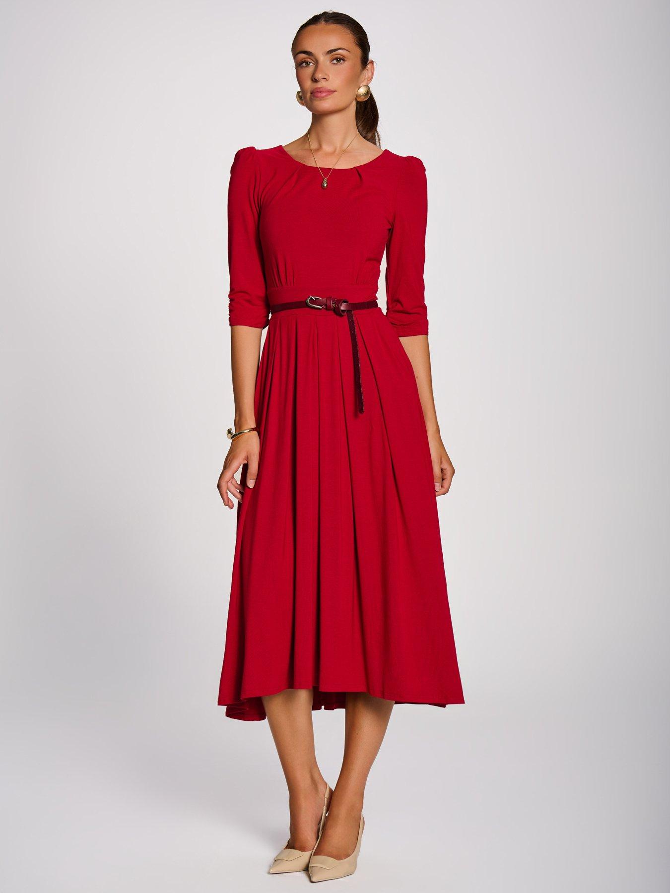 Image 5 of 7 of Jolie Moi Womens Defined Waist Pleated Pocket Midi Dress - Red