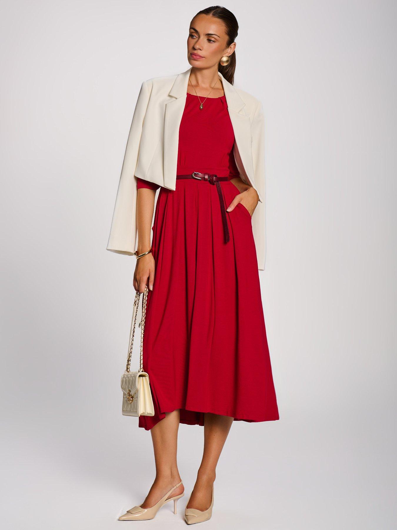 Image 6 of 7 of Jolie Moi Womens Defined Waist Pleated Pocket Midi Dress - Red
