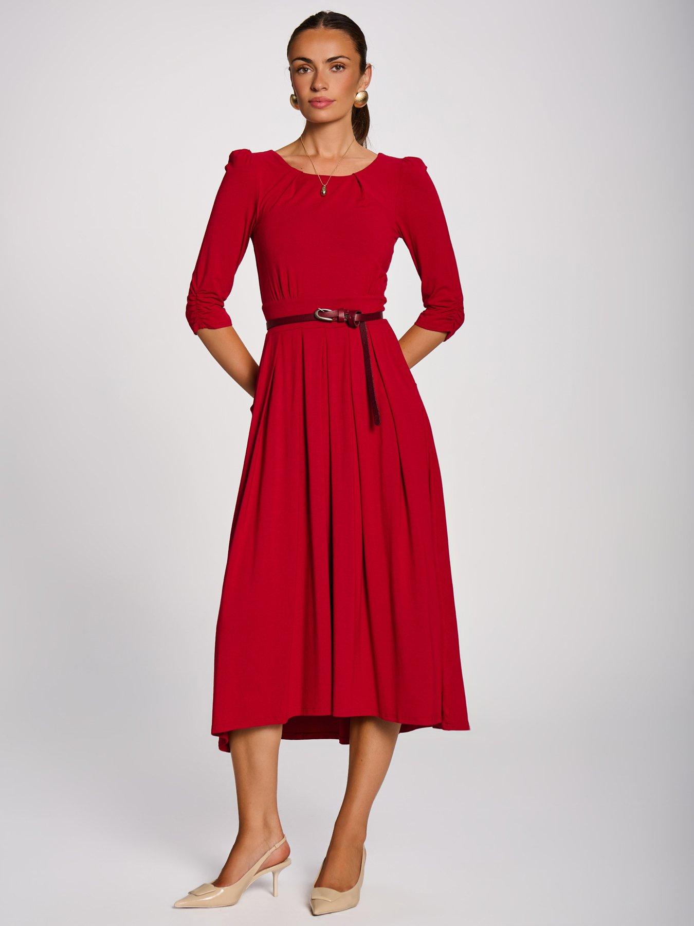 Image 7 of 7 of Jolie Moi Womens Defined Waist Pleated Pocket Midi Dress - Red