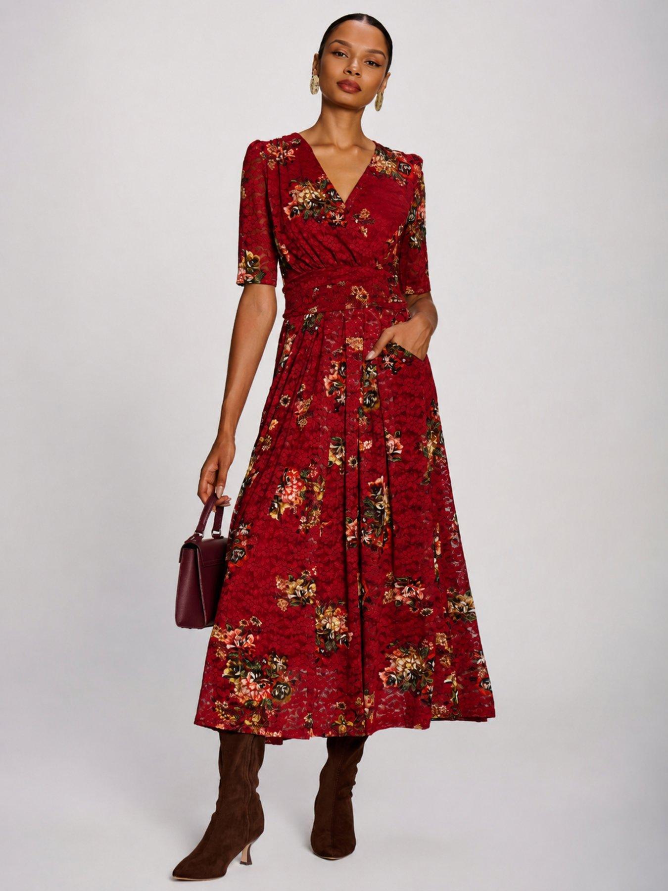 Image 1 of 7 of Jolie Moi Womens Lace Wrap V-Neck Floral Maxi Dress - Red