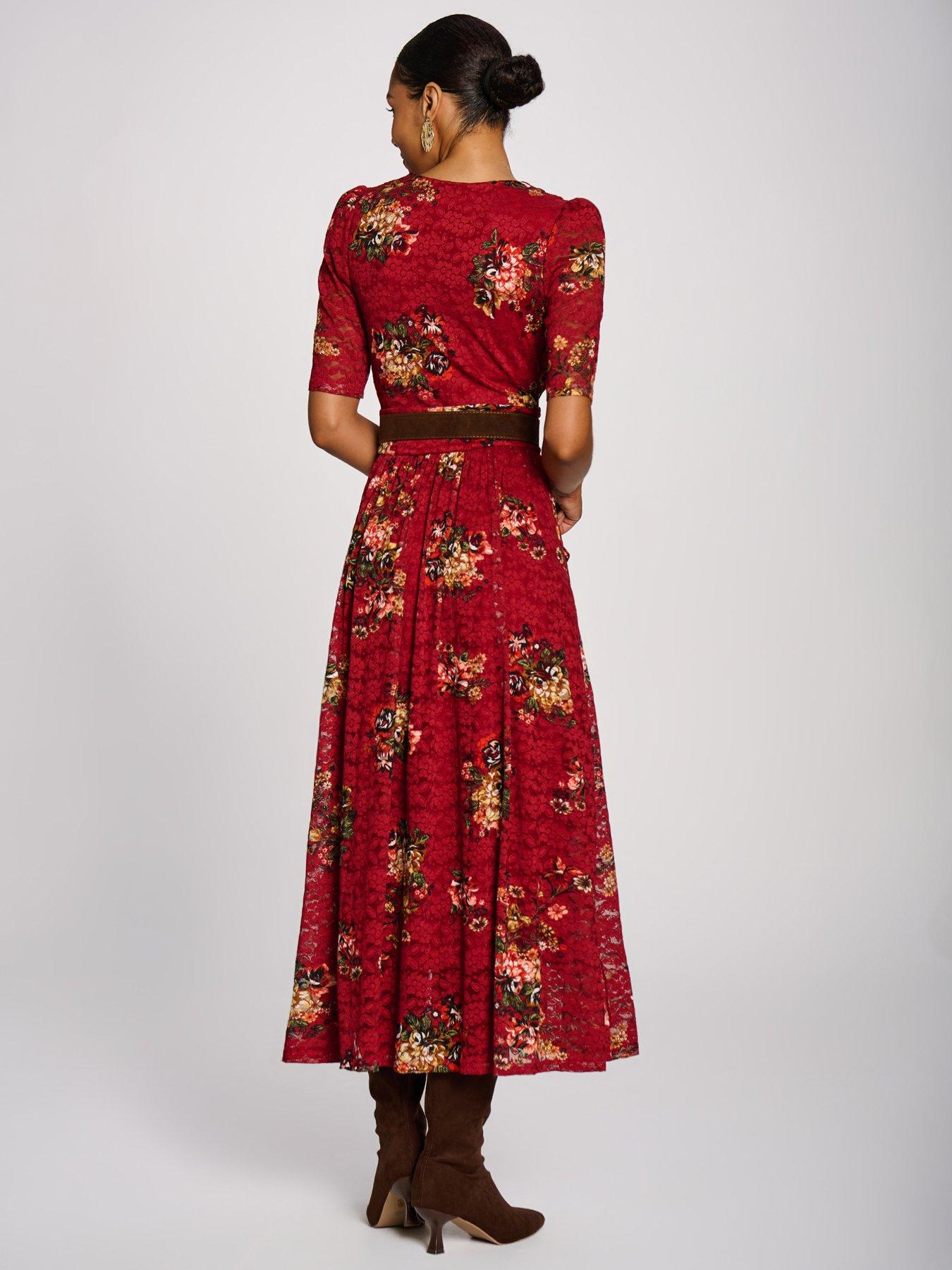 Image 2 of 7 of Jolie Moi Womens Lace Wrap V-Neck Floral Maxi Dress - Red