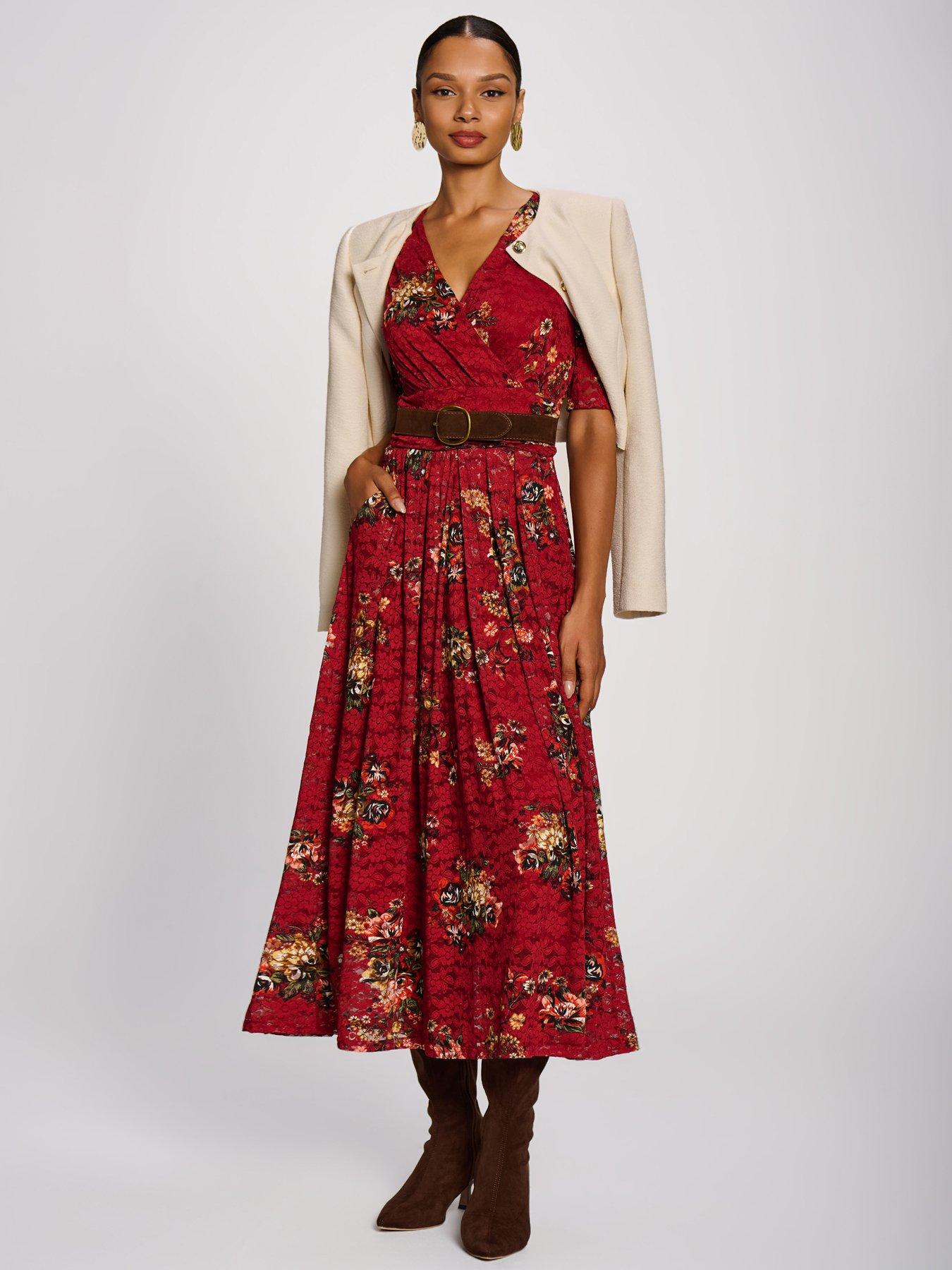 Image 3 of 7 of Jolie Moi Womens Lace Wrap V-Neck Floral Maxi Dress - Red