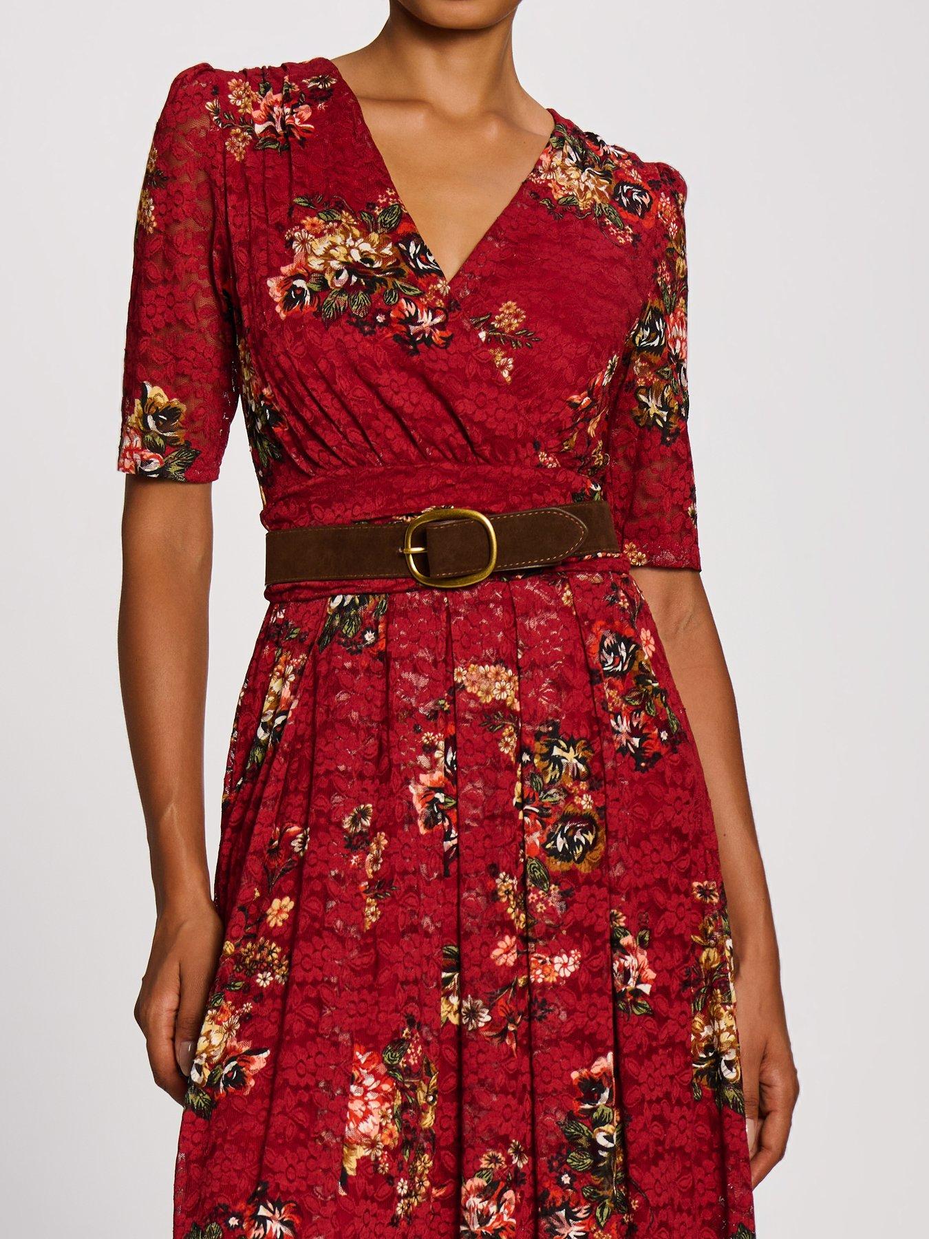 Image 4 of 7 of Jolie Moi Womens Lace Wrap V-Neck Floral Maxi Dress - Red