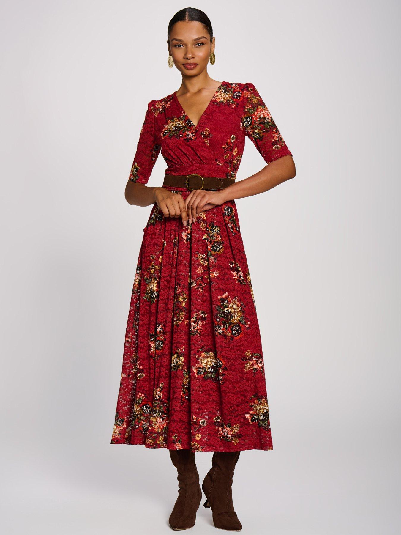 Image 5 of 7 of Jolie Moi Womens Lace Wrap V-Neck Floral Maxi Dress - Red