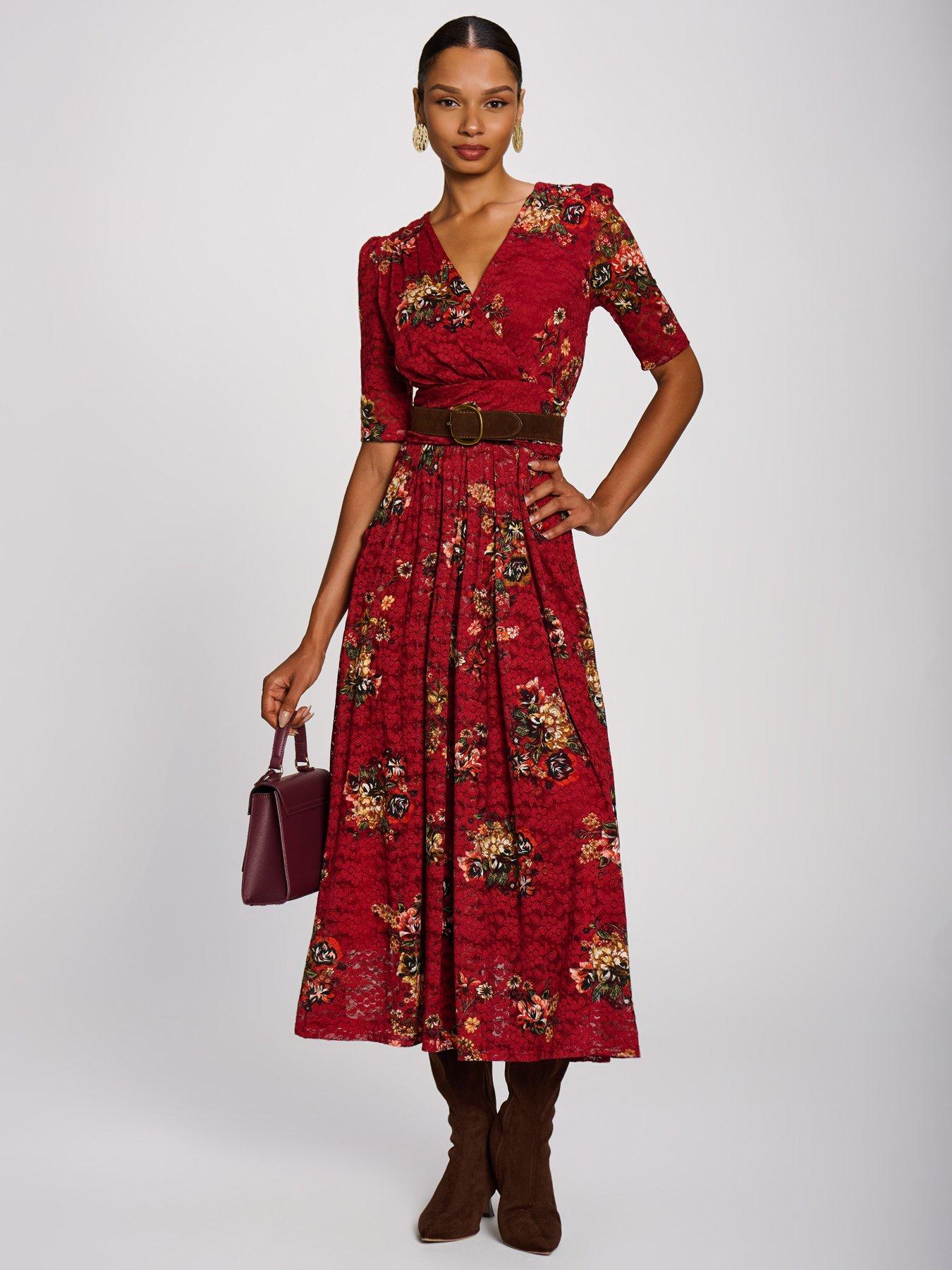 Image 6 of 7 of Jolie Moi Womens Lace Wrap V-Neck Floral Maxi Dress - Red